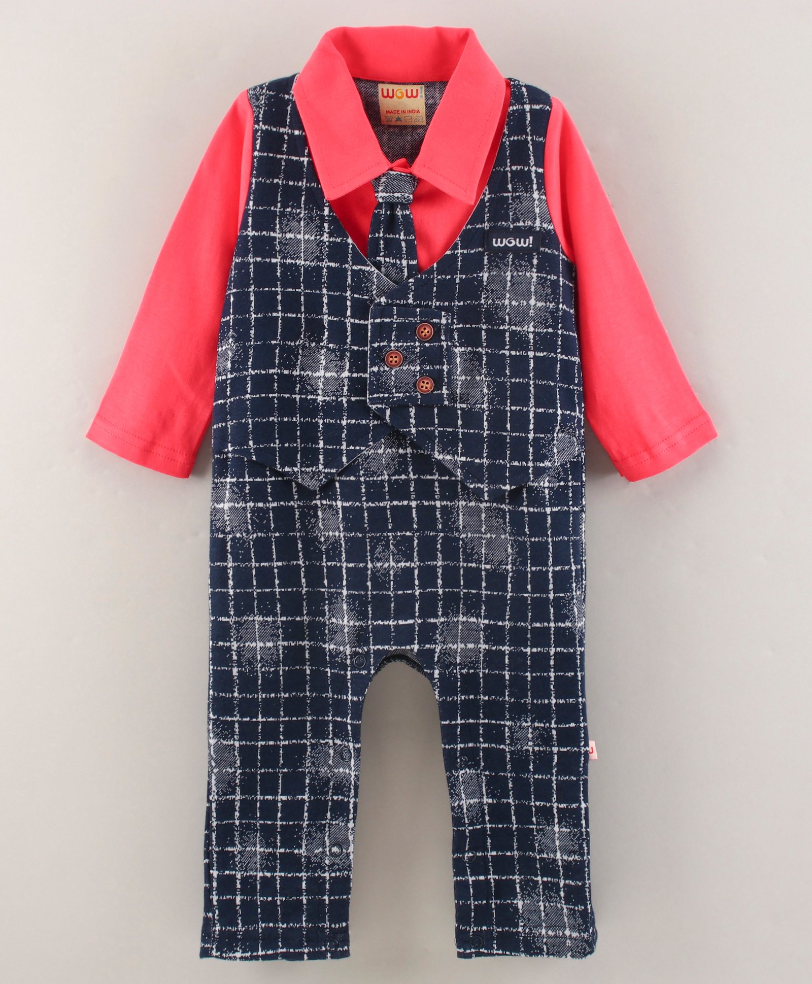 Wow Clothes Cotton Woven Full Sleeves Romper with Waistcoat & Tie Checkered - Cherry-image-45