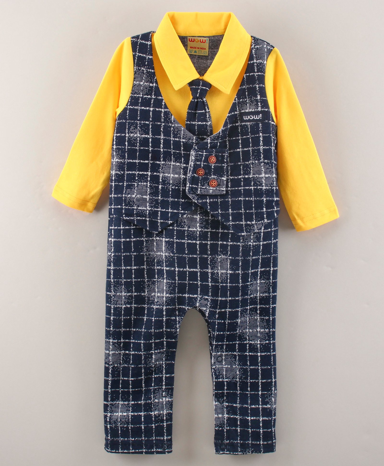 Wow Clothes Cotton Woven Full Sleeves Romper with Waistcoat & Tie Checkered - Lemon-image-1