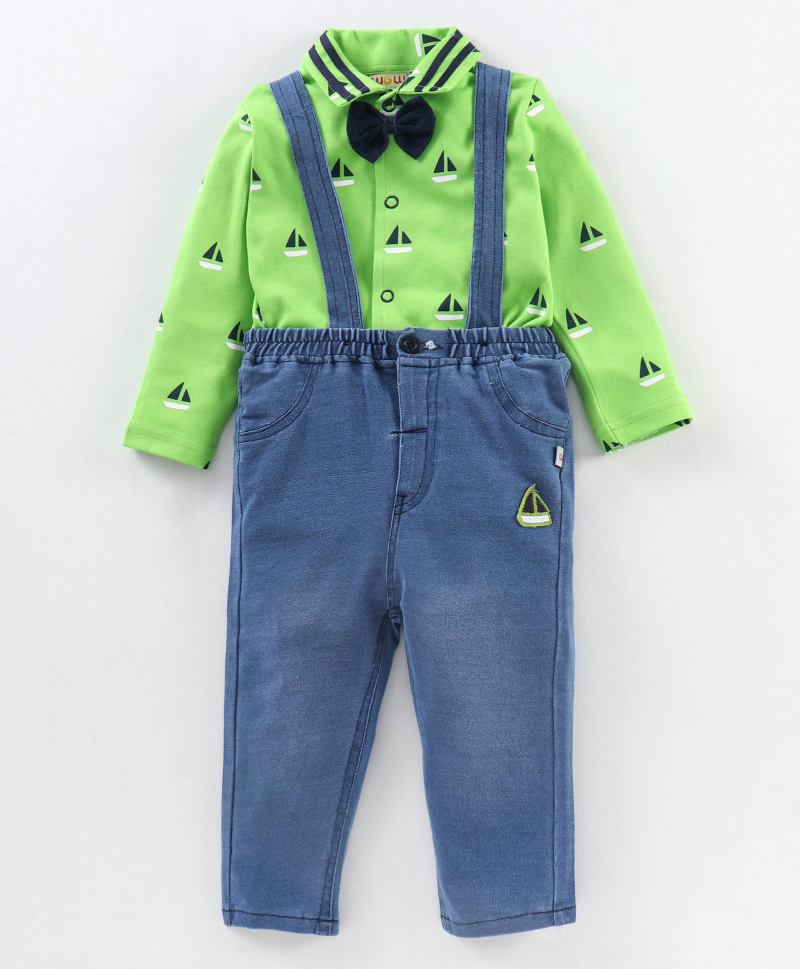 Wow Clothes Full Sleeves Tee & Dungarees Set Stripes and Giraffe Print - Green-image-19