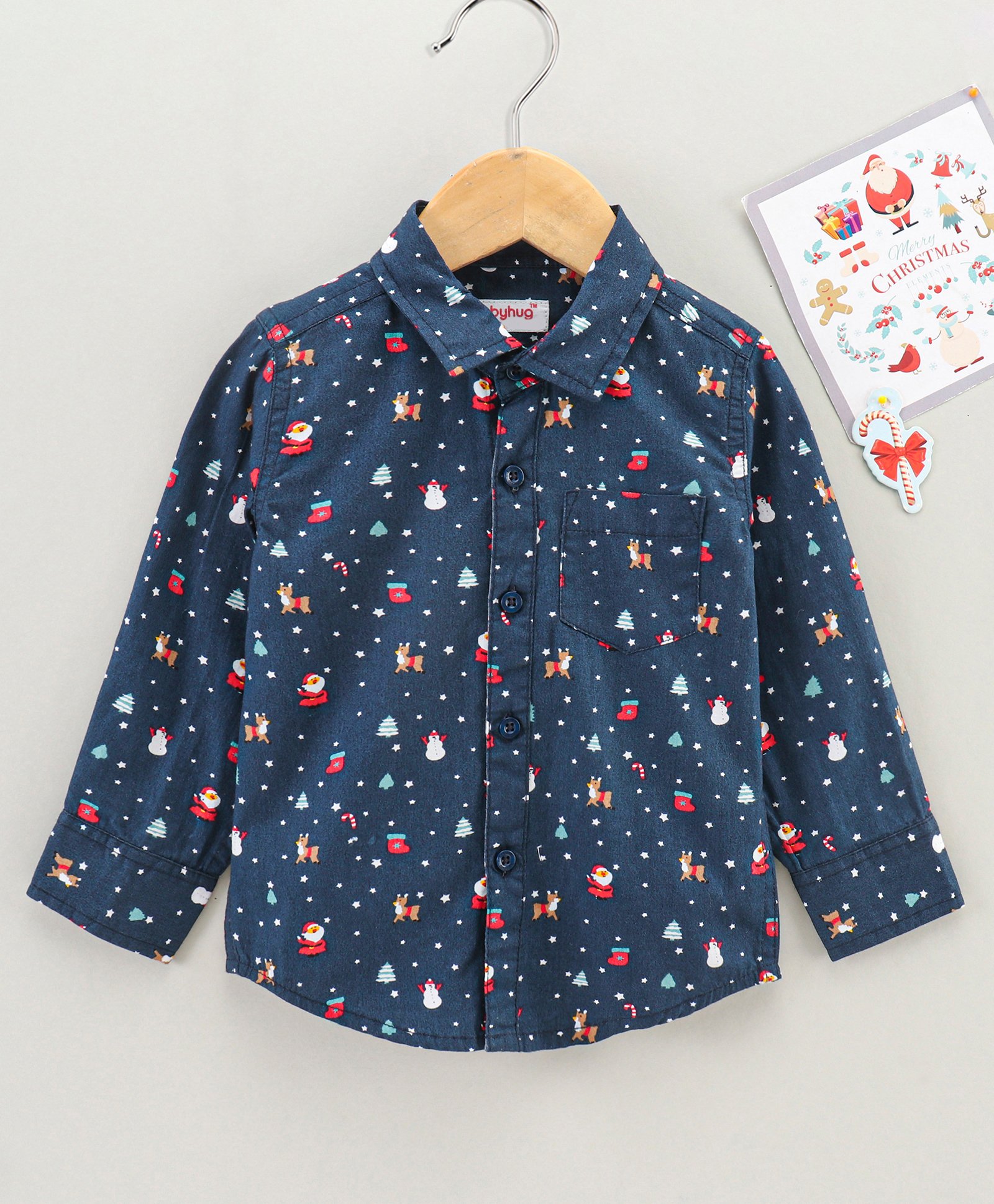 Babyhug Cotton Woven Full Sleeves Christmas Theme Printed Shirt - Navy-picture-14