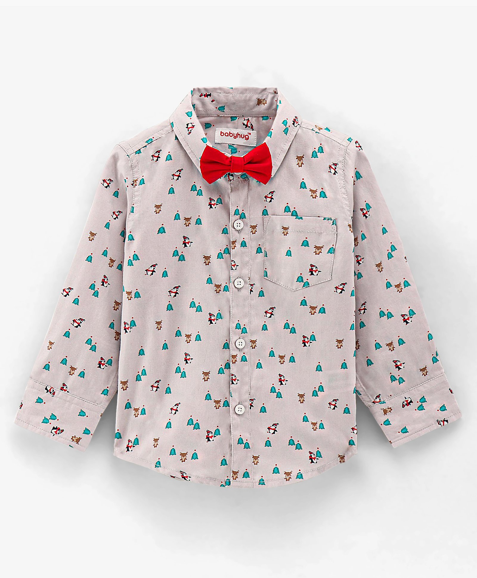 Babyhug Cotton Woven Full Sleeves Shirt with Bow Christmas Print - Blue and White-image-44