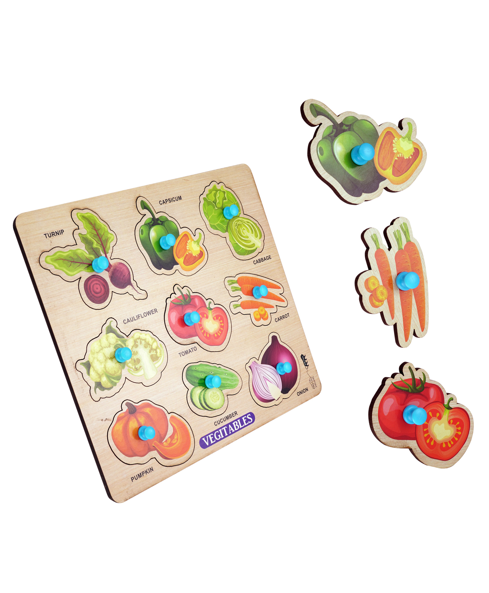 Mingkids Vegetables Wooden Knob & Peg Puzzle Multicolor - 9 Pieces-picture-17