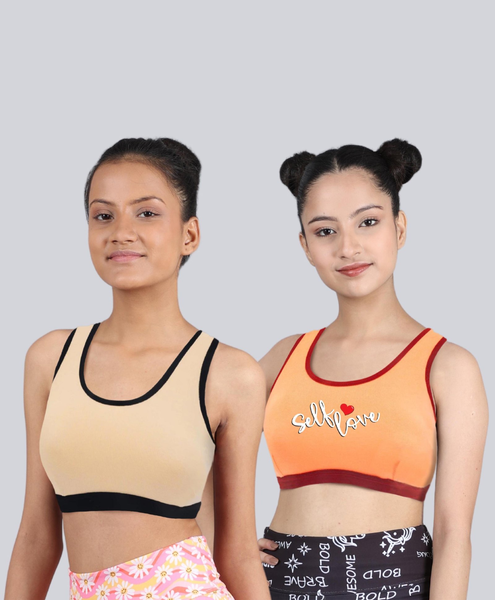 D'chica Pack Of 2 Solid & Self Love Printed Sports Bra - Peach-image-5