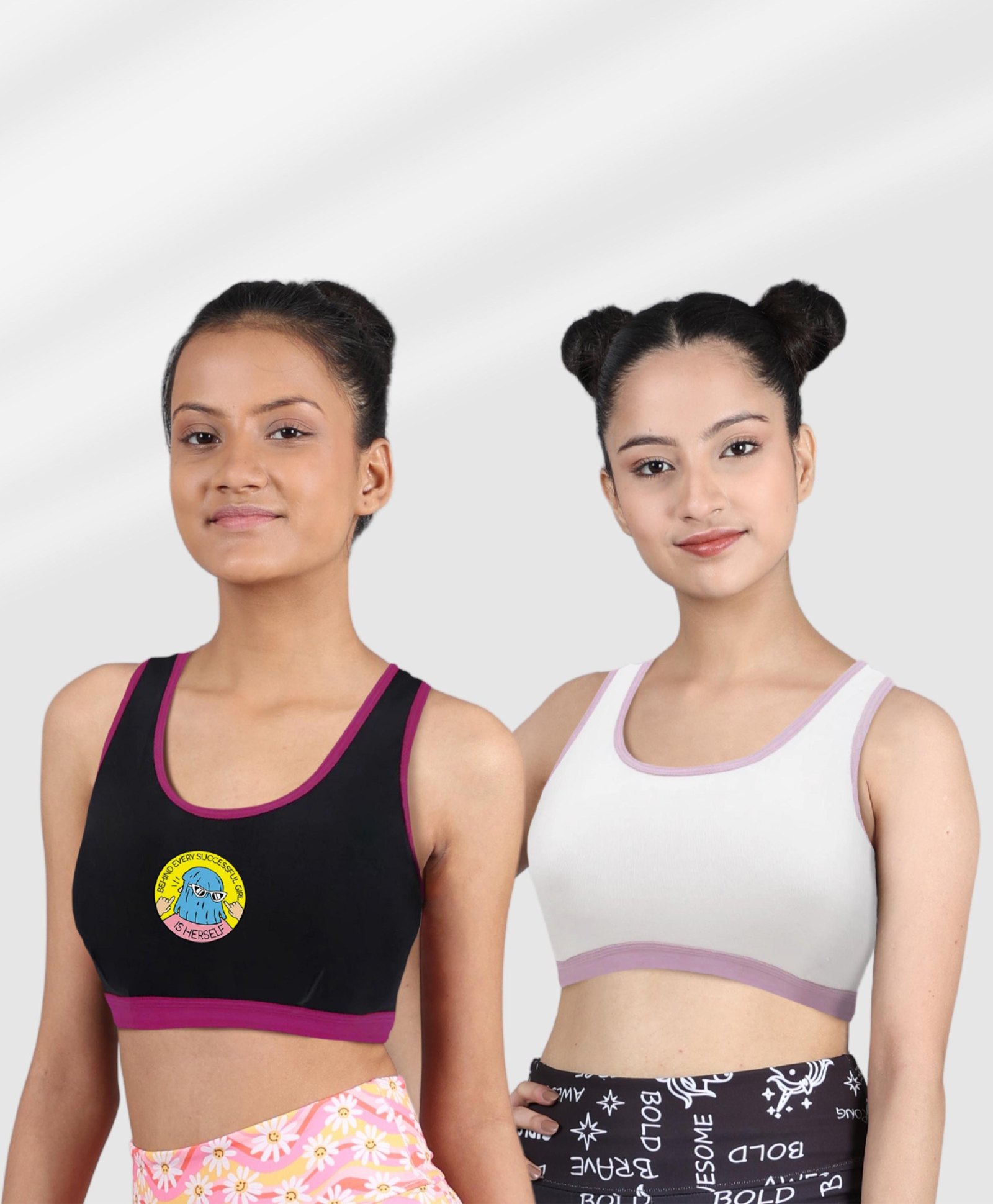 D'chica Pack Of 2 Solid & Placement Printed Athleisure Sports Black - Black & White-picture-33