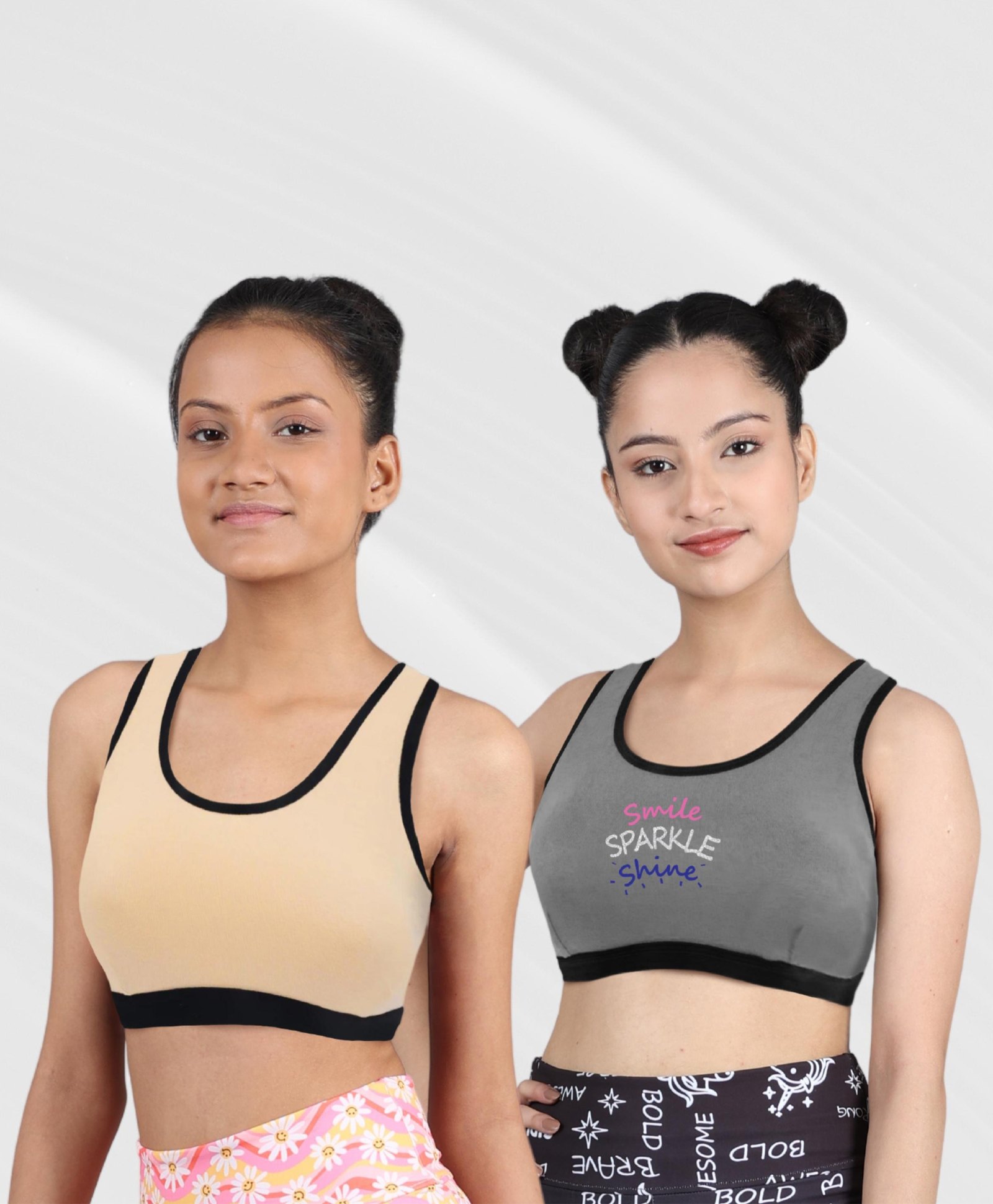 D'chica Pack Of 2 Solid & Smile Sparkle Shine Placement Text Printed Athleisure Sports Bra - Beige & Grey-image-19