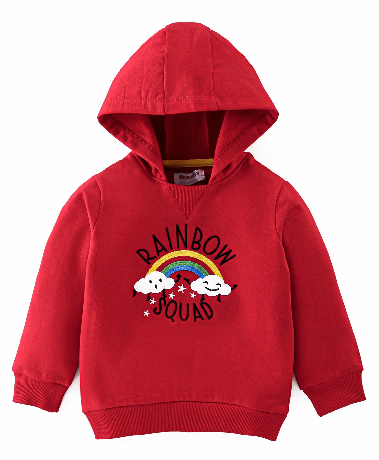 Kookie Kids Full Sleeves Hooded Sweatshirt Rainbow Squad Embroidery - Red-image-42