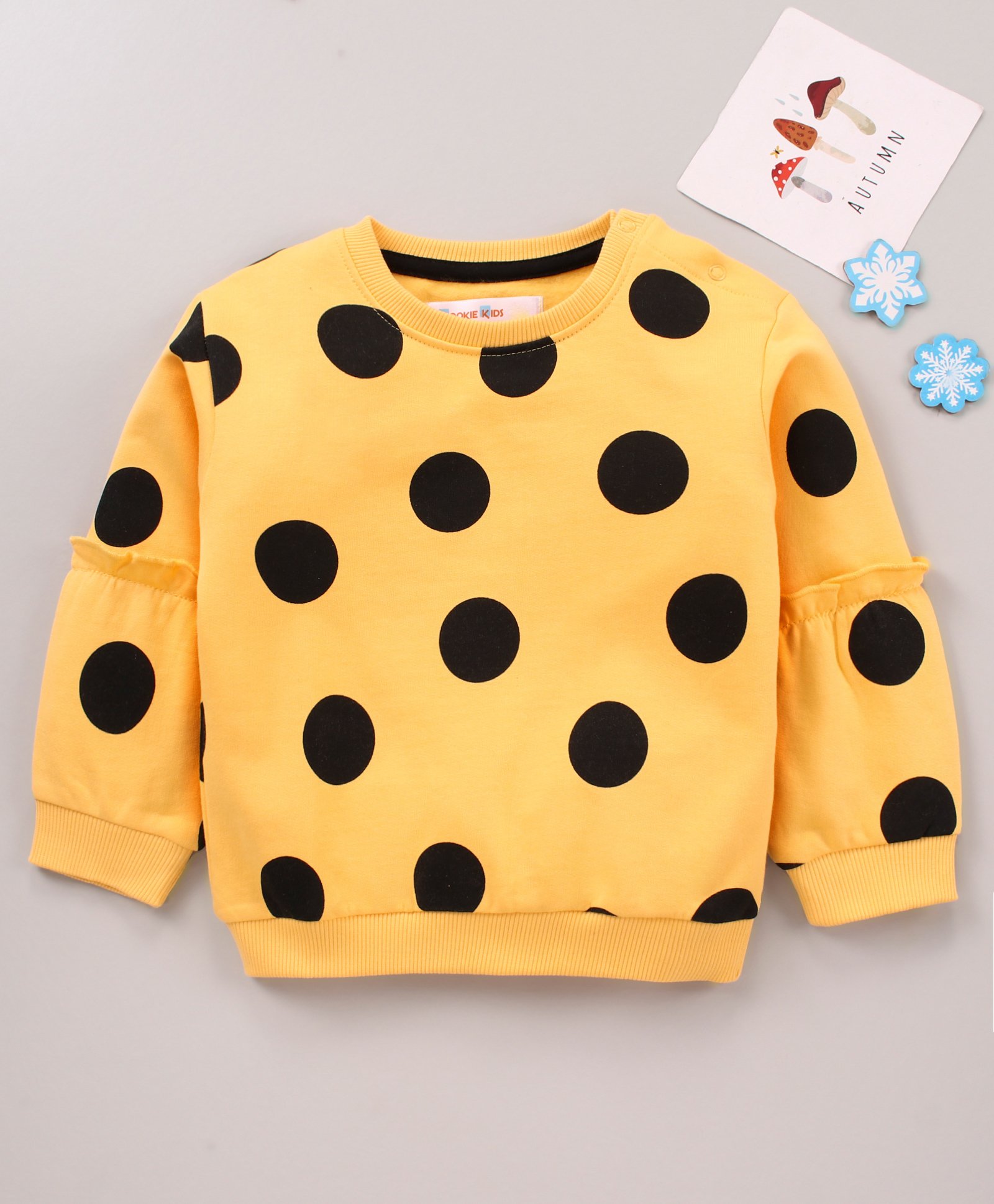 Kookie Kids Terry Full Sleeves Sweatshirt Polka Dot Print with Frill Detailing - Yellow-picture-11