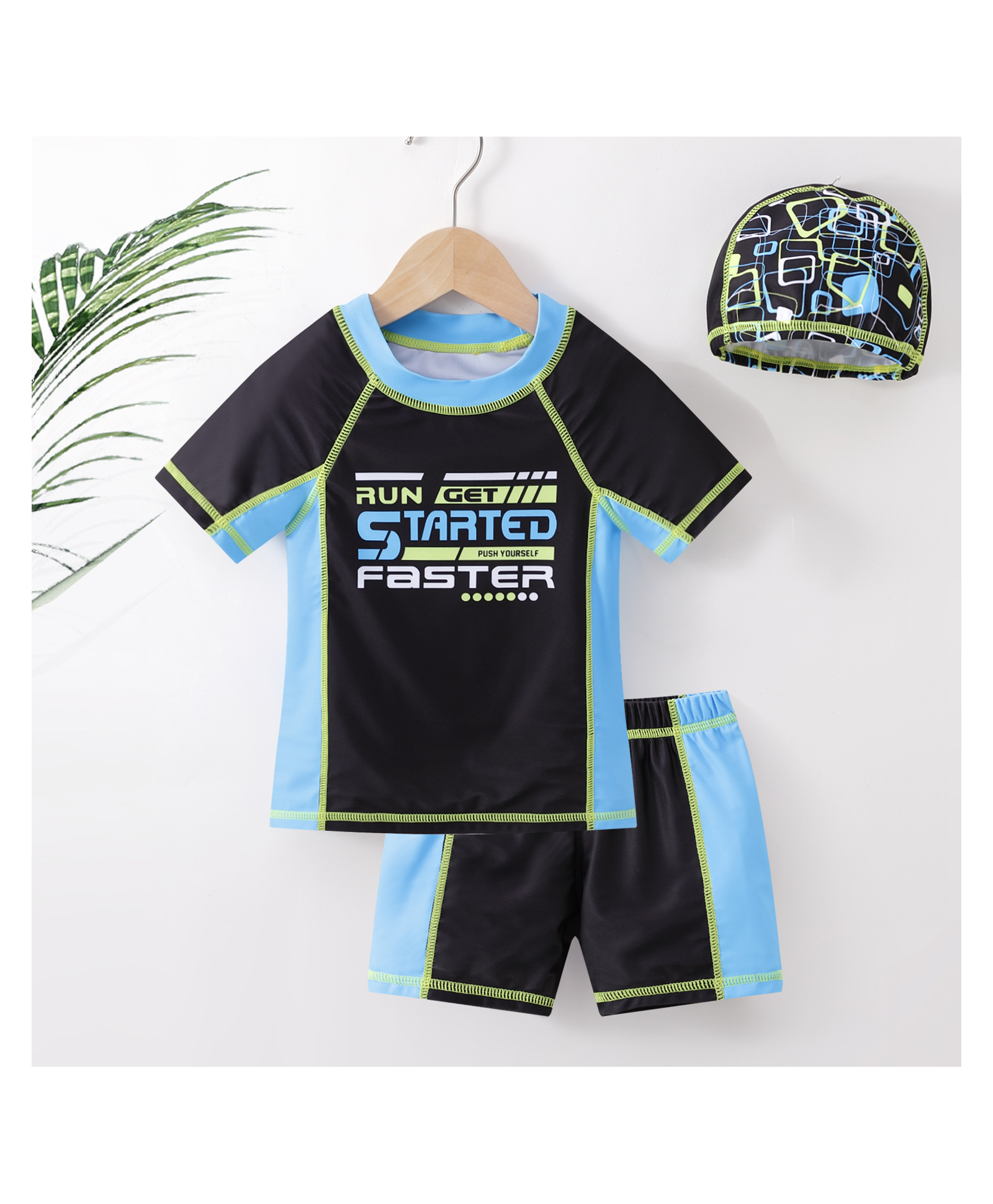 Kookie Kids Half Sleeves Quick Dry Two Piece Swimsuit with Cap Multi Print - Black Blue-image-21
