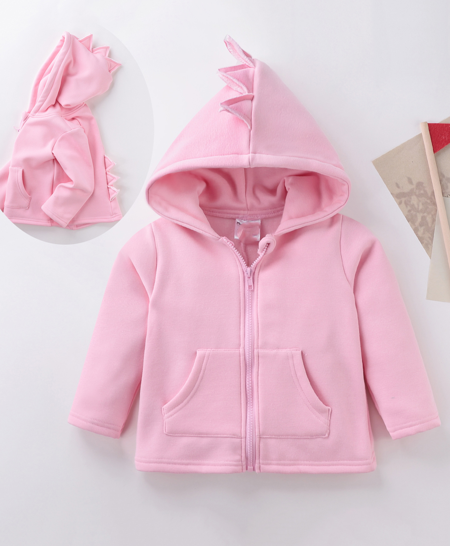 Kookie Kids Full Sleeves Solid Dino Fins Winter Wear Hoodie - Pink-picture-15