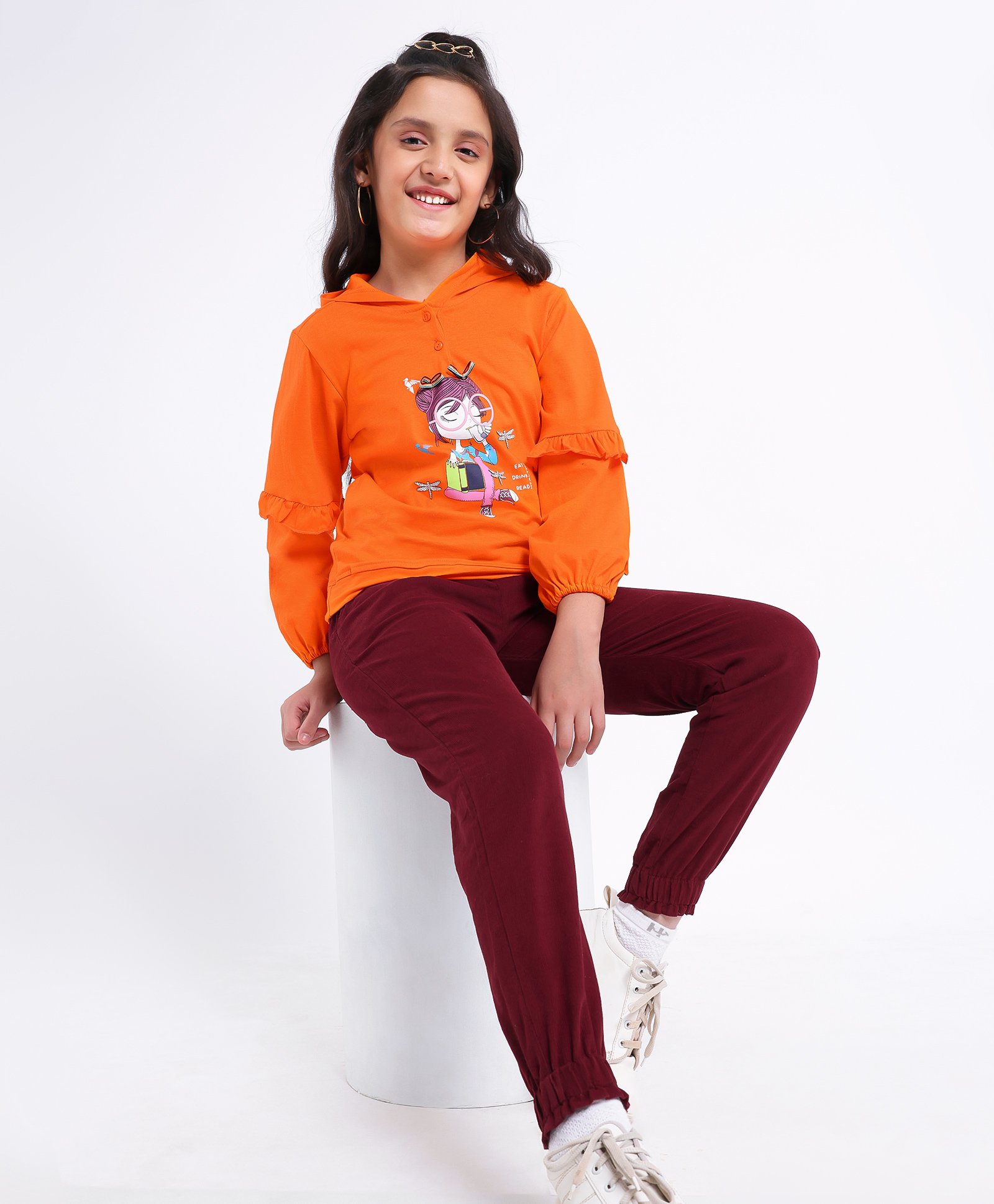 Ollington St Full Sleeves Winter Wear Hooded Sweatshirt & Joggers Set Girl Print With Graphics- Orange Maroon-image-19