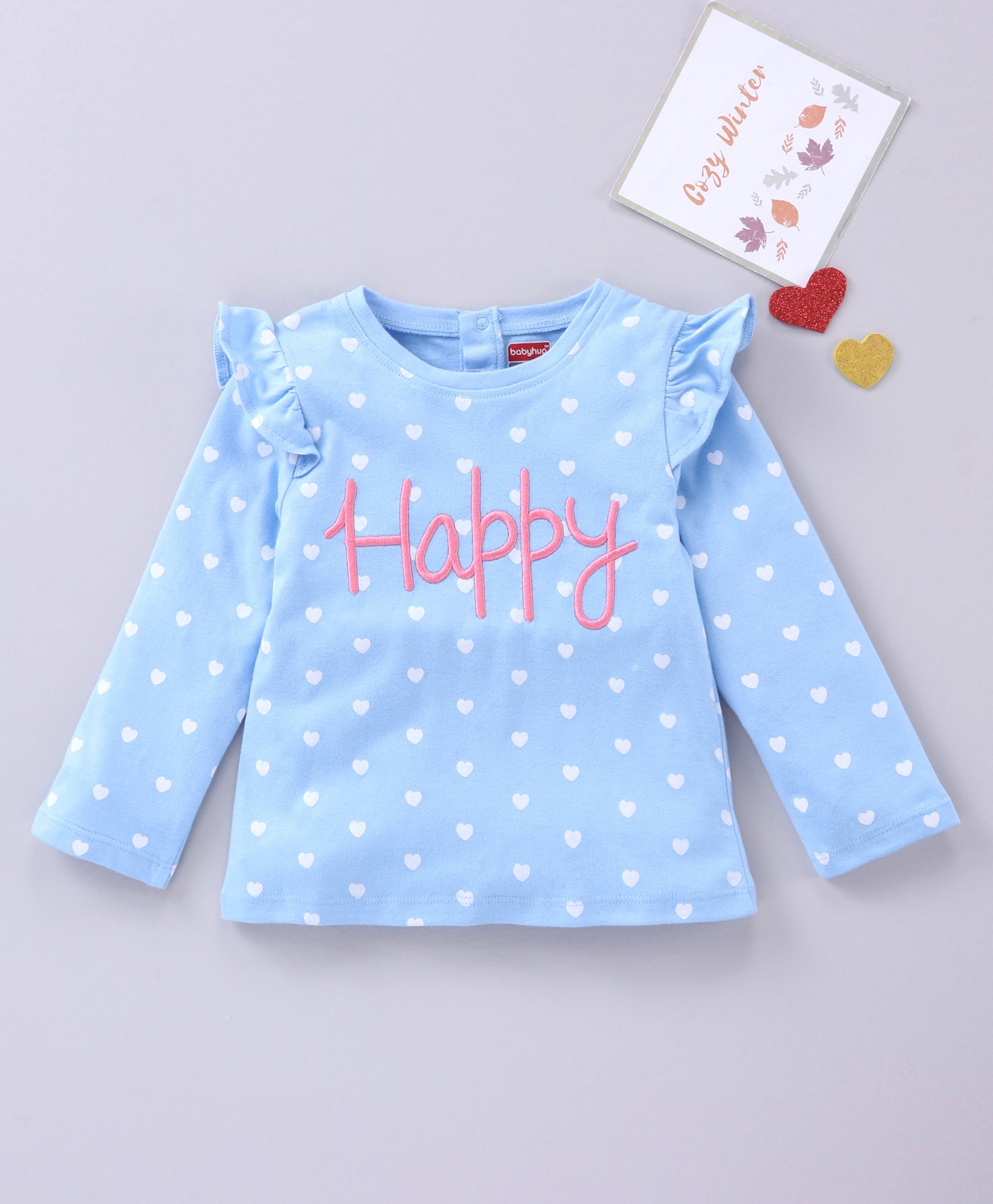 Babyhug Cotton Knit Full Sleeves Top Heart Print - Blue-image-38