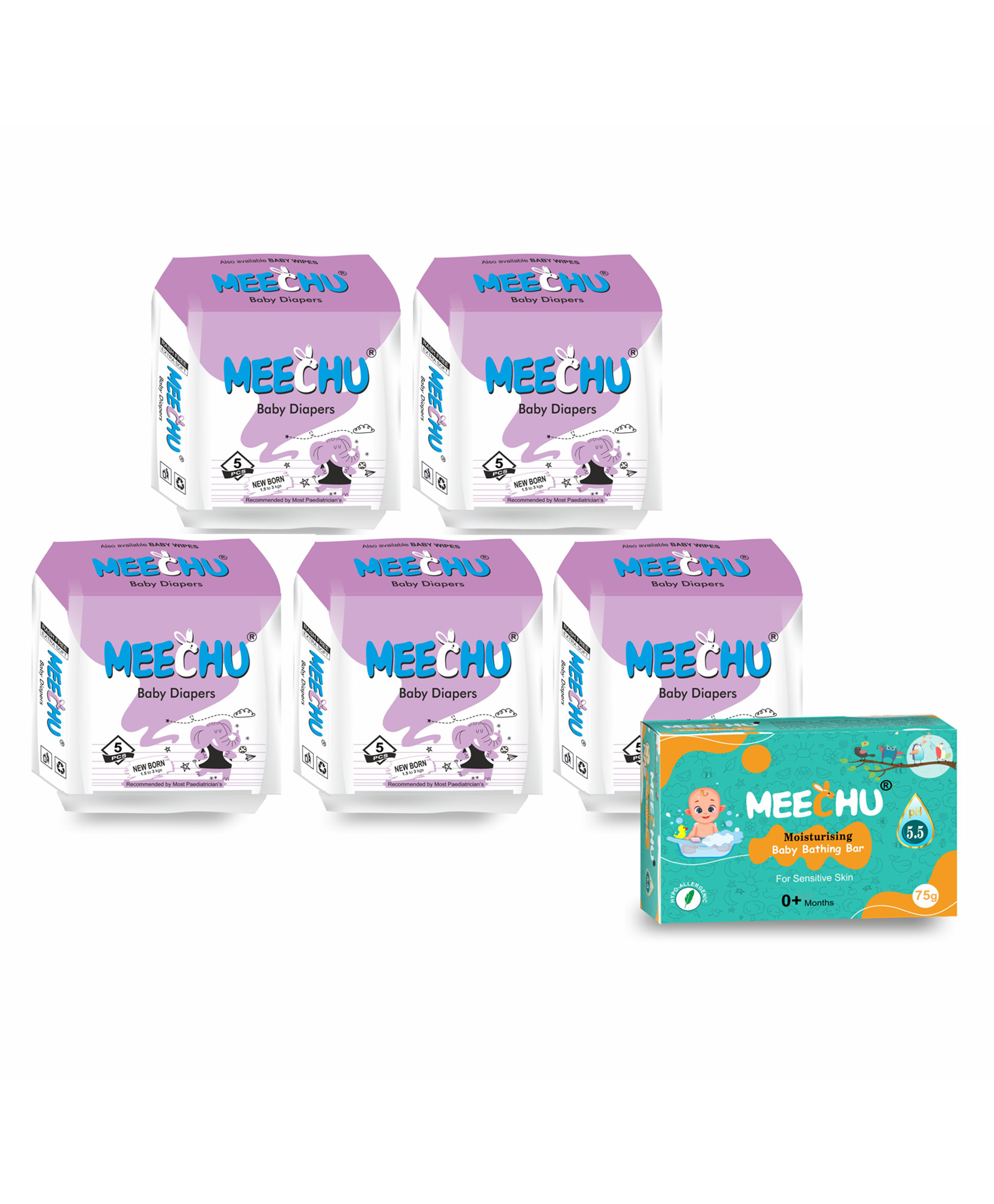 Meechu Baby Diapers (New Born) Combo Pack of 5 With One Baby Bathing Bar Free - 25 Pieces-image-10