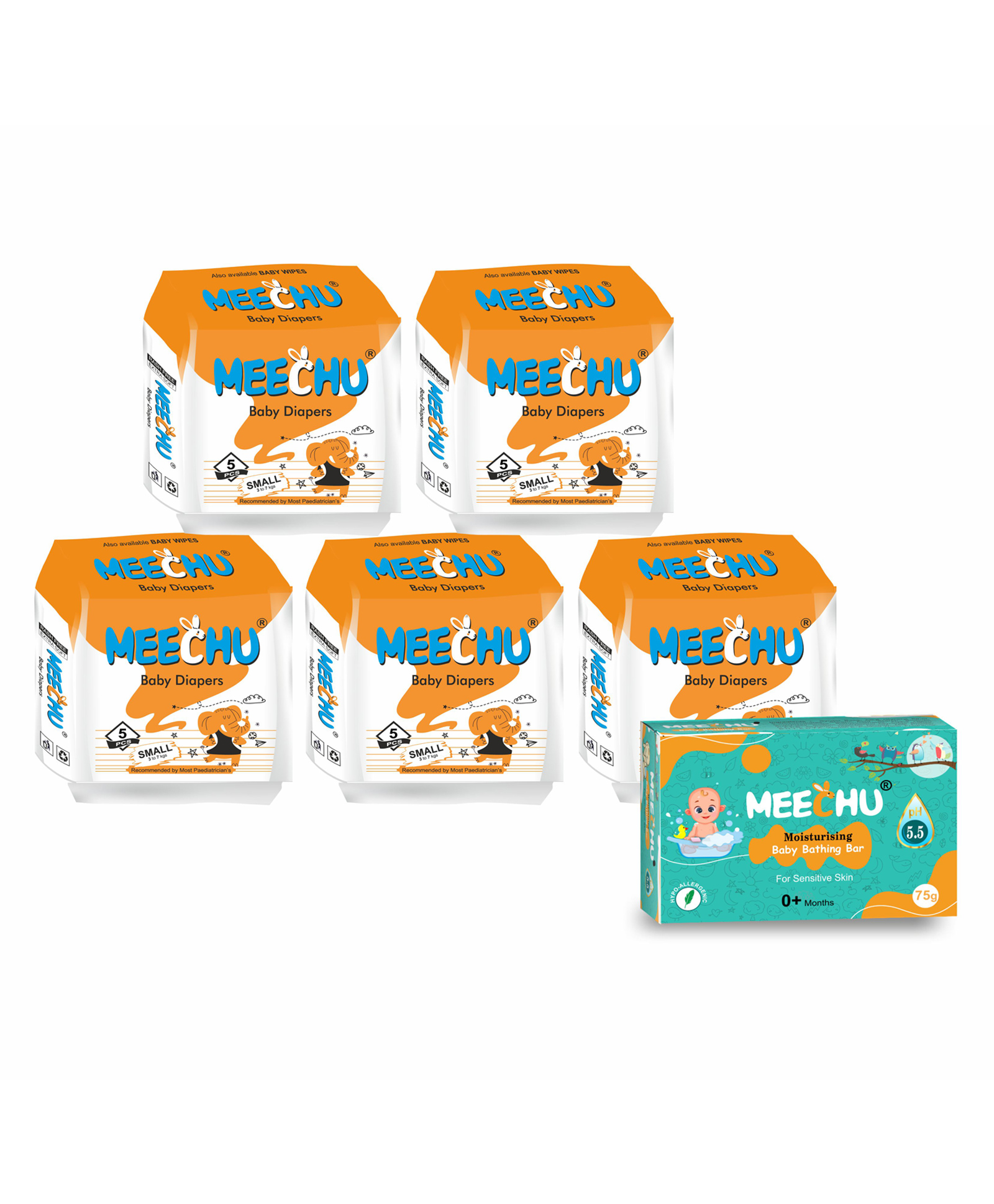 Meechu Baby Diapers (Small) Combo Pack of 5 With One Baby Bathing Bar Free - 25 Pieces-image-31