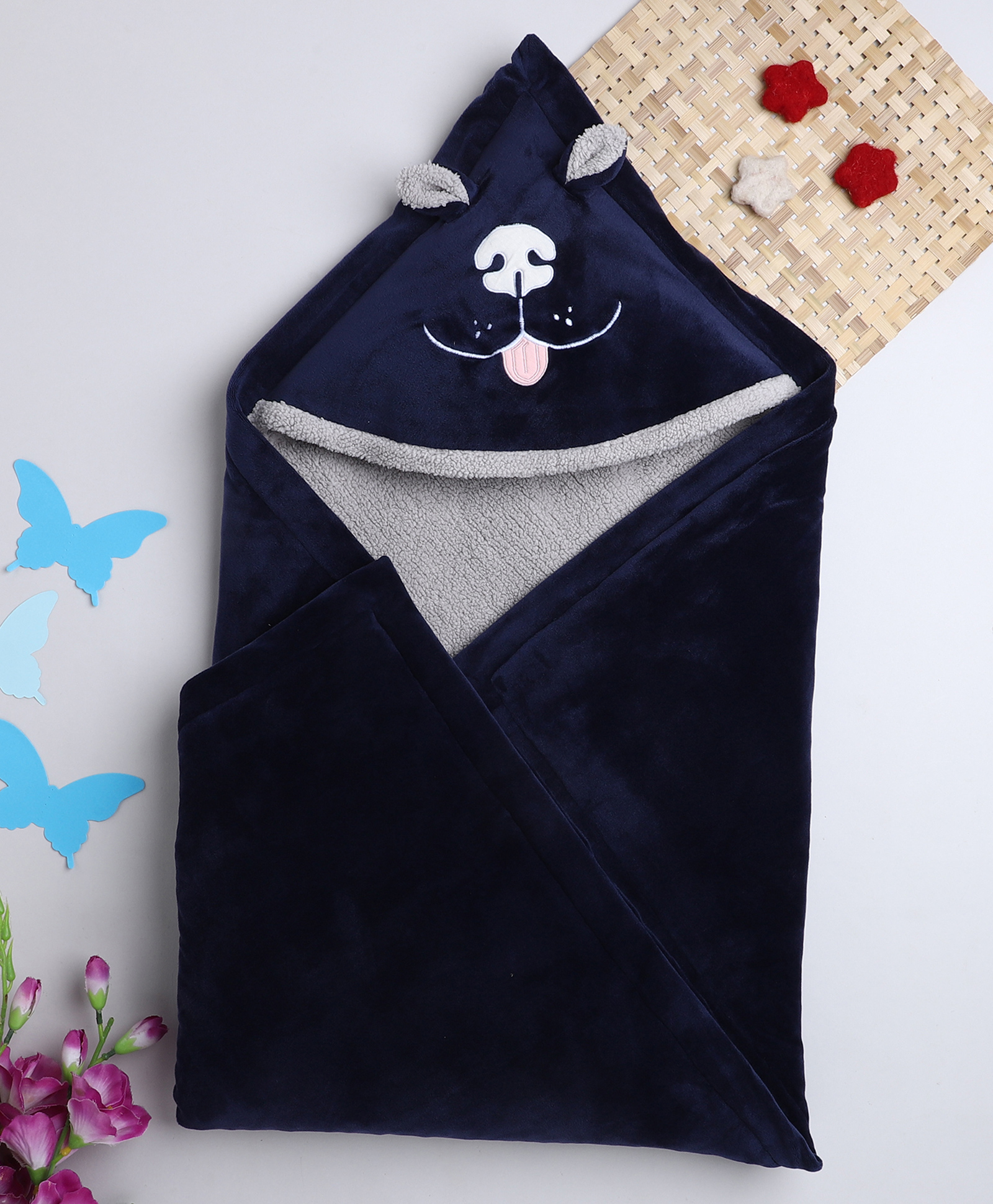 Yellow Apple Velour Sherpa Lined Blanket Cum Wrappers - Navy Blue & Grey-image-27