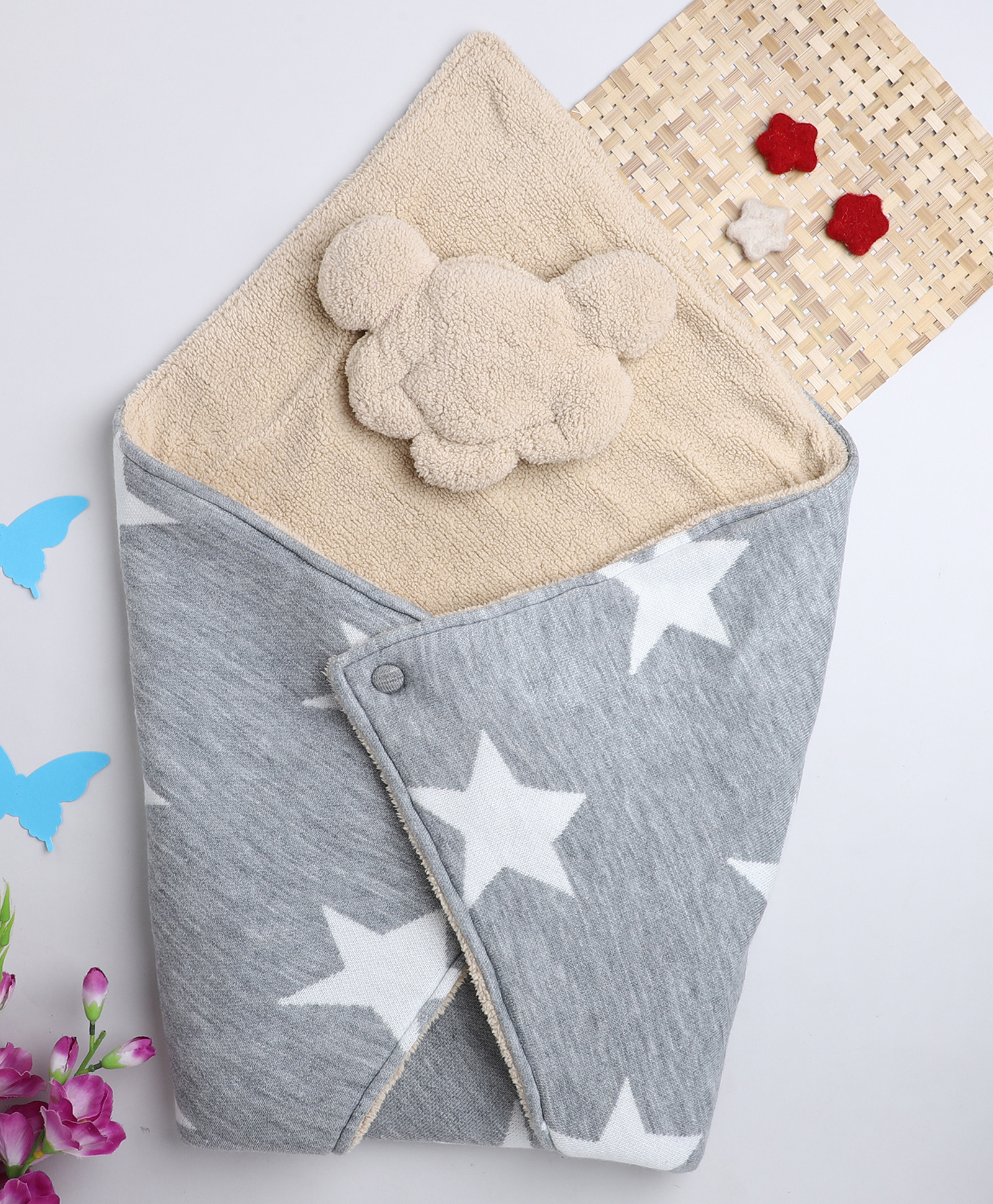 Yellow Apple Stars Sherpa Lined Blanket Cum Wrappers - Grey & Beige-image-22