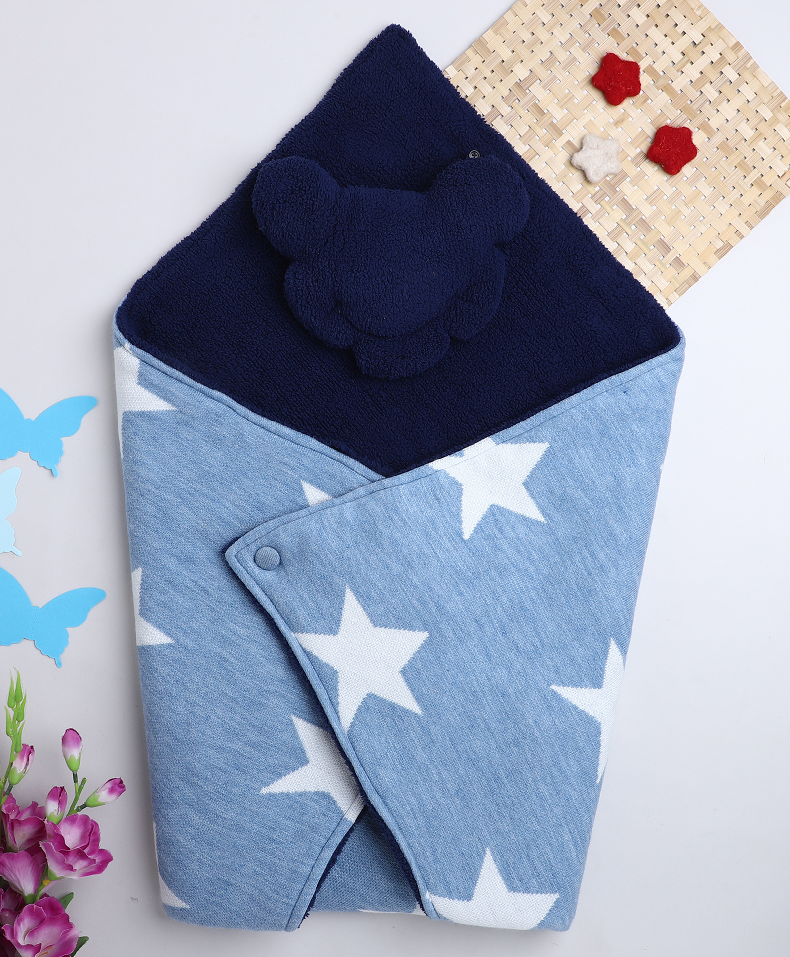 Yellow Apple Stars Sherpa Lined Blanket Cum Wrappers - Sky Blue-image-24