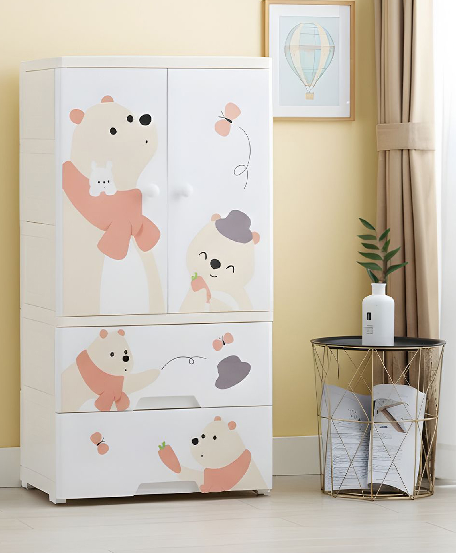 Polka Tots Kids Wardrobe Storage Convertible Collapsible Almirah Plastic Closet For Clothes With Hanging & Drawer Pooh- White-picture-27