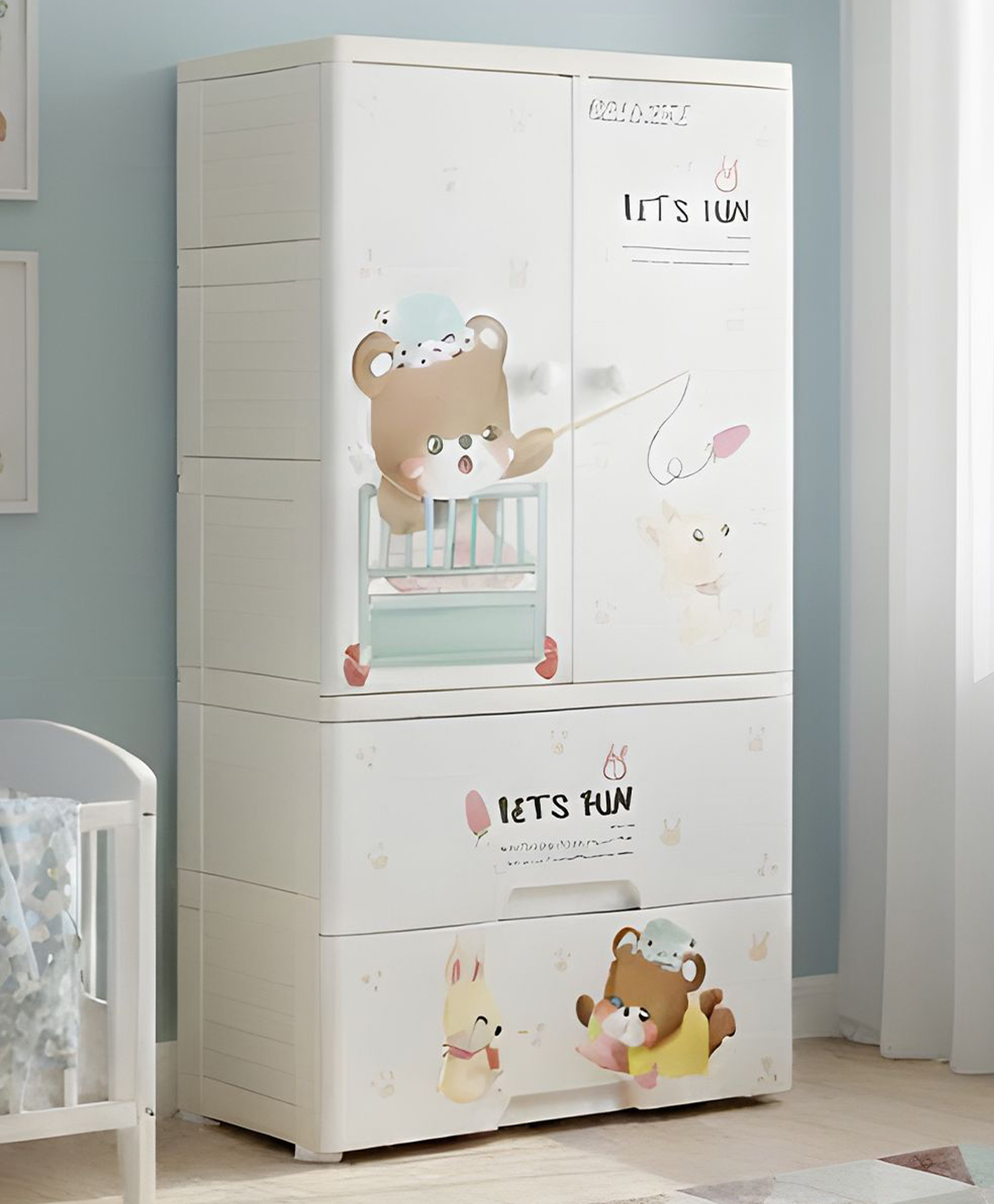 Polka Tots Kids Wardrobe Storage Convertible Collapsible Almirah Plastic Closet For Clothes With Hanging & Drawer Teddy- White-picture-19