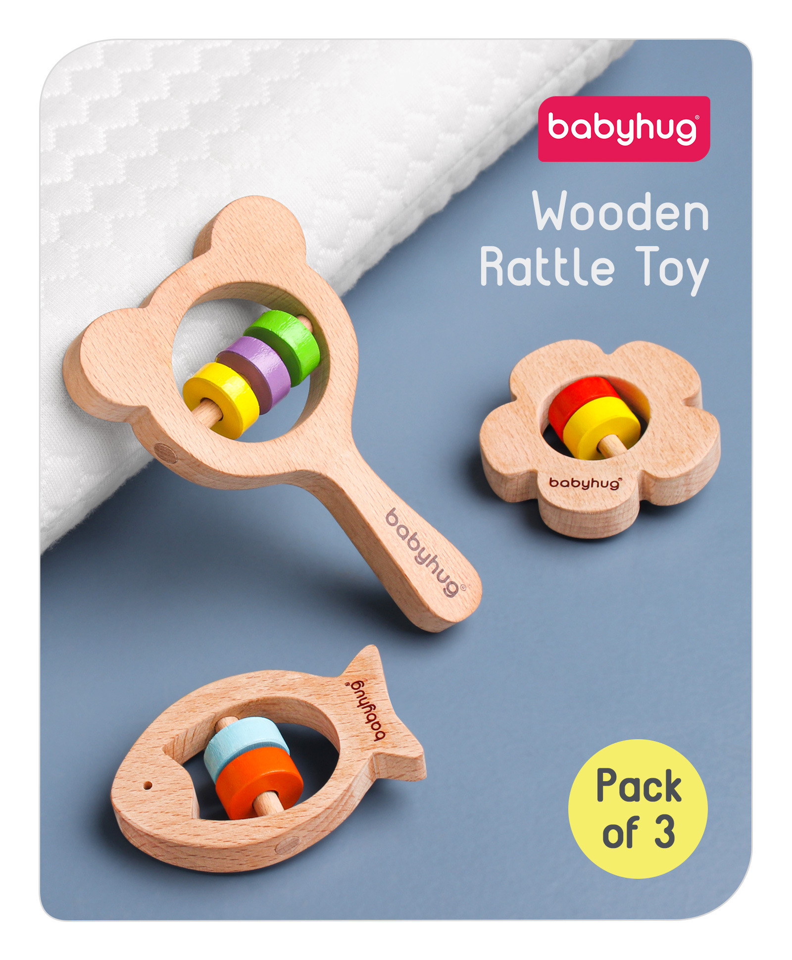 Babyhug Wooden Teething Rattle Toy Pack Of 3 - Multicolour