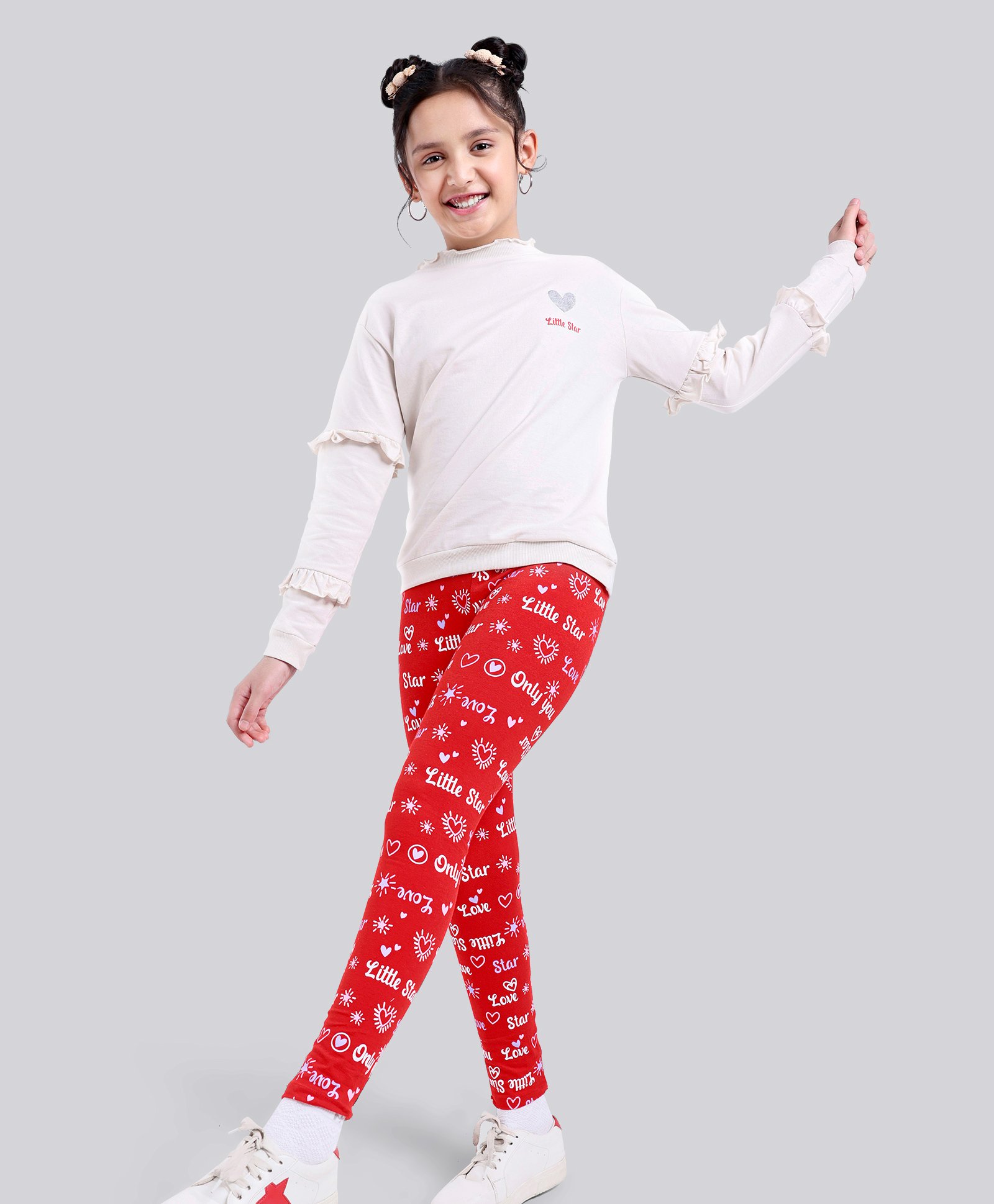 Ollington St Frill Sleeves Winter Wear Sweatshirt & Lycra Leggings Set Text Print- Off White Red-image-24