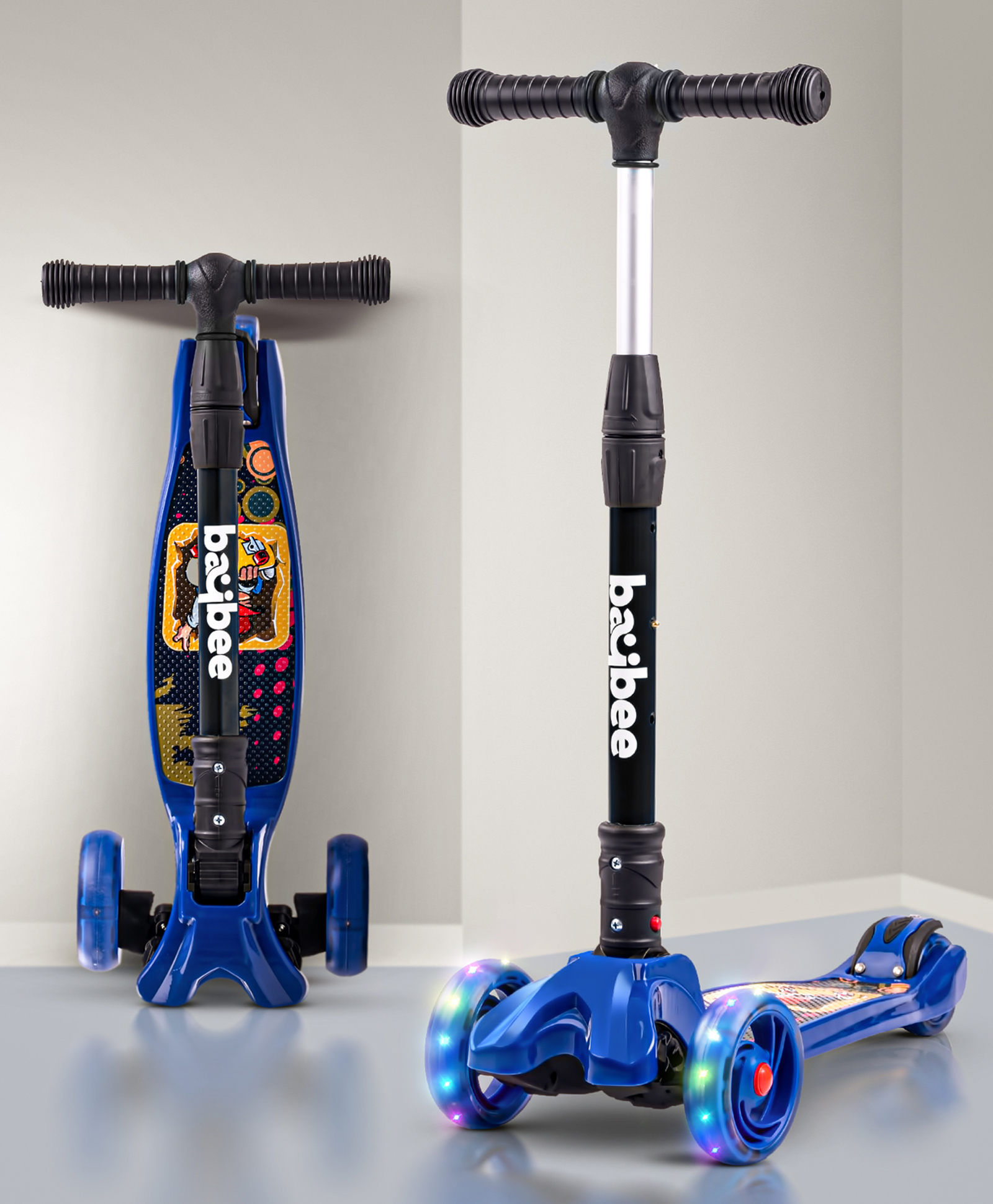 Baybee Skate Scooter with Height Adjustable Runner Scooter with LED PU Wheels & Brake - Dark Blue-image-7