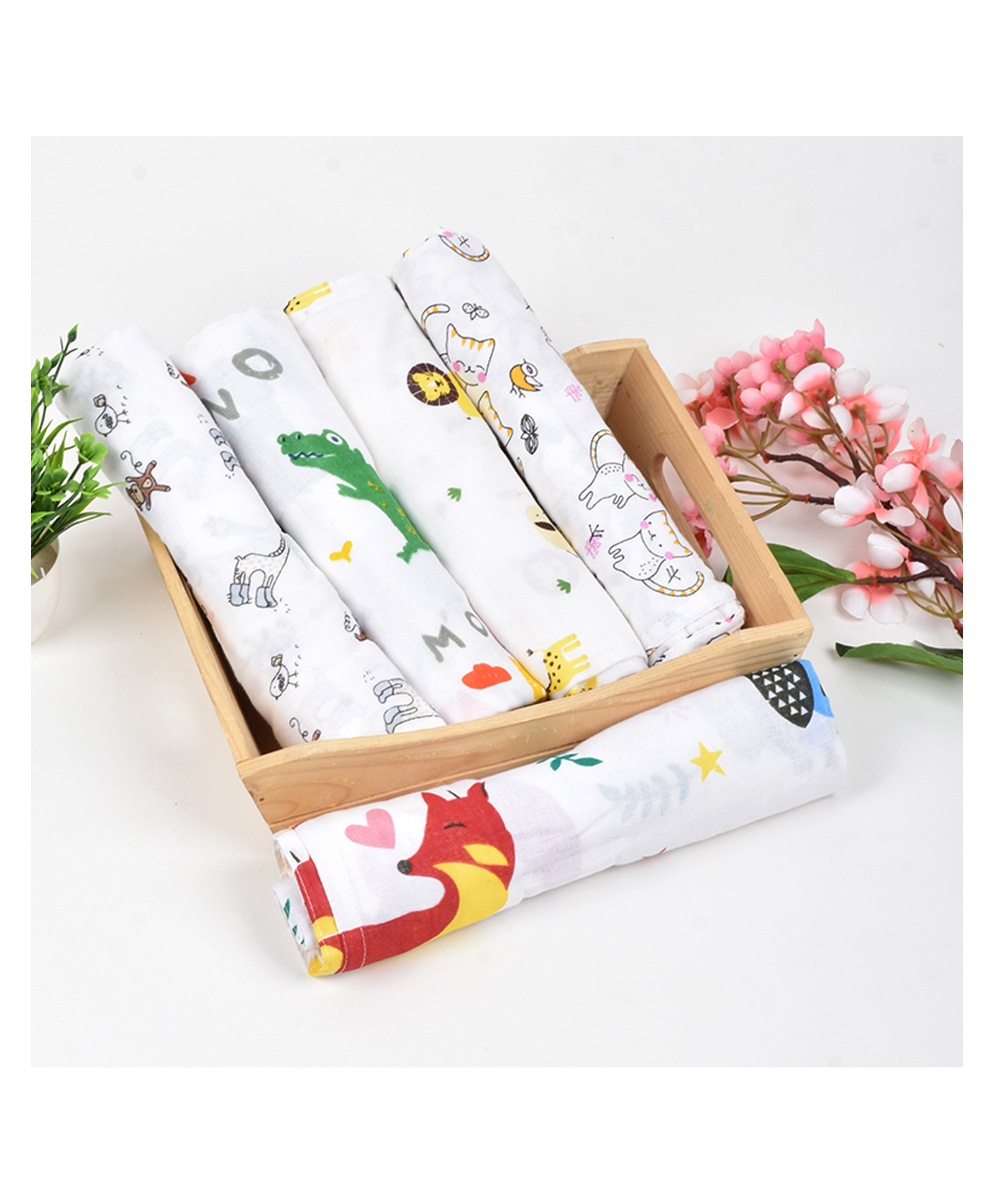 Moms Home Organic Cotton Soft Baby Muslin Swaddle Jungle Print - Pack of 5-image-25