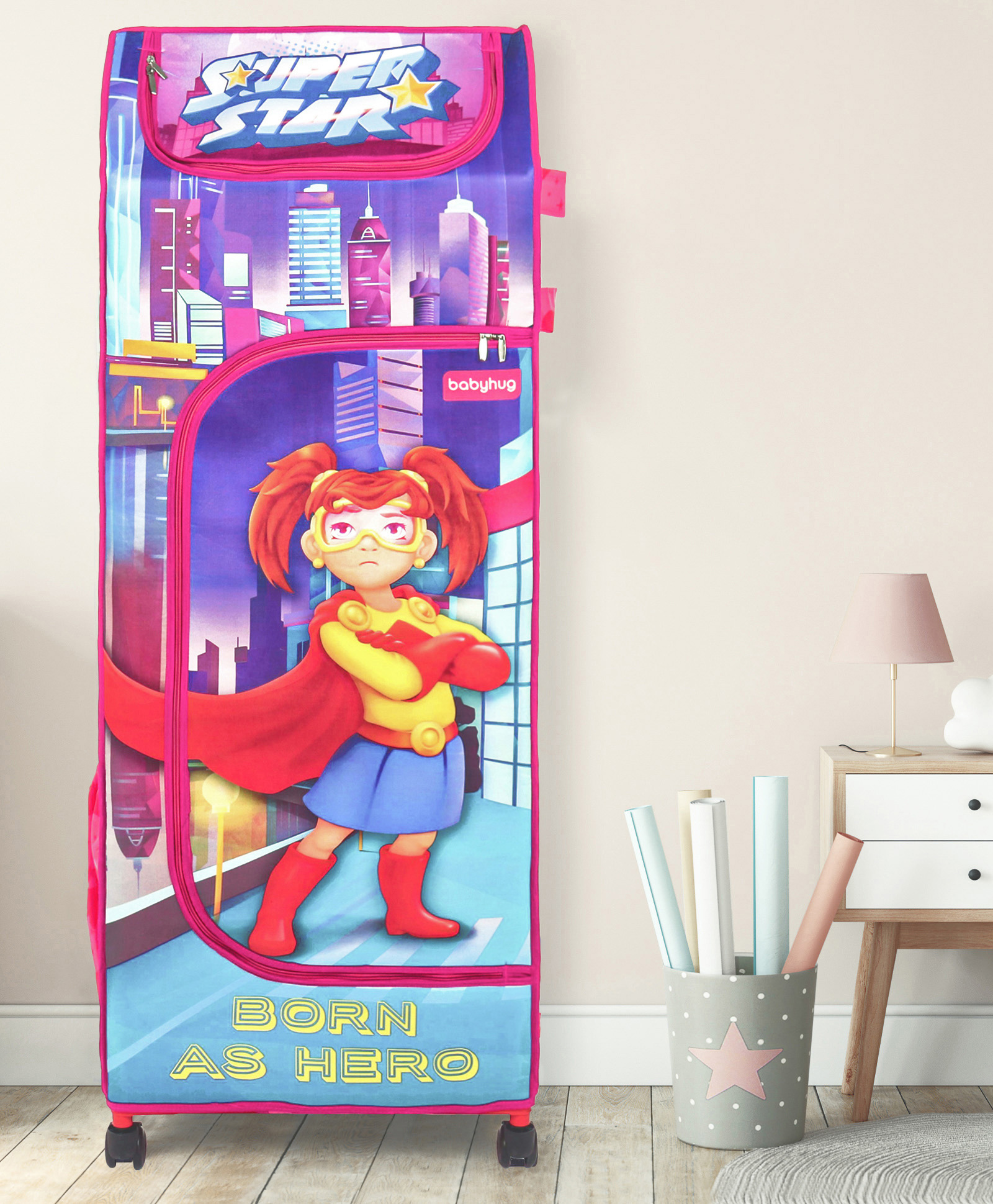 Babyhug Foldable 4 Shelf Almirah With Wheels Super Star Theme - Pink-picture-12