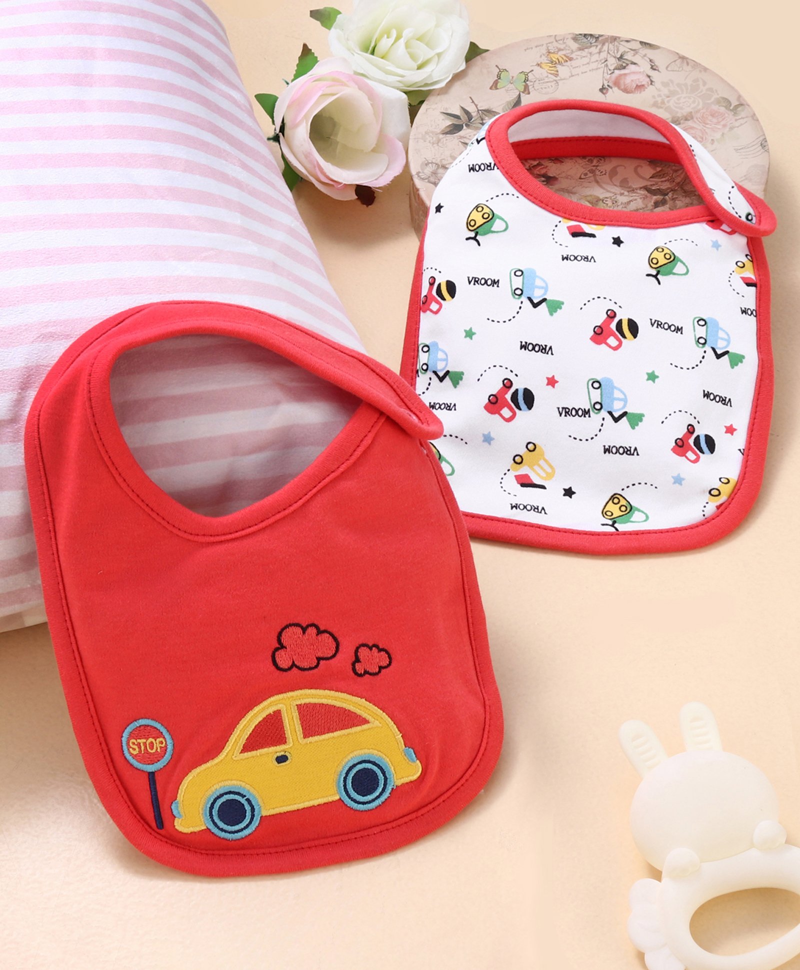 Babyhug Cotton Snap Buttons Closure Car Print Pack of 2 - Red & White-image-38