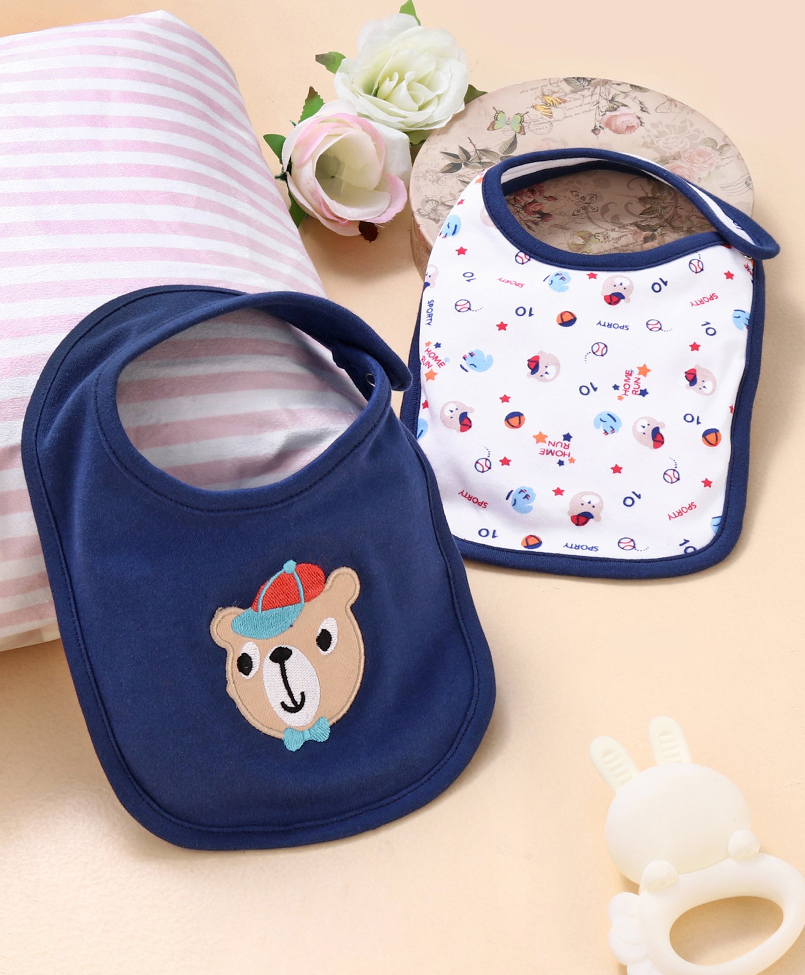 Babyhug Cotton Snap Buttons Closure Bear Print Pack of 2 - Blue & White-image-22