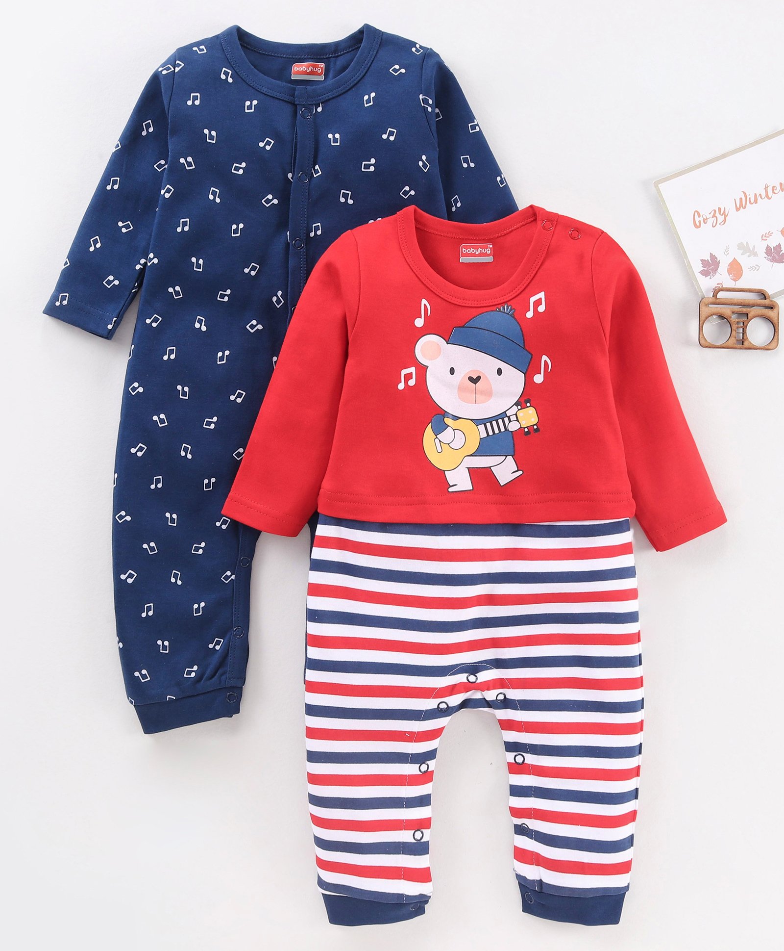 Babyhug Full Sleeves 100% Cotton Romper Music Print Pack of 2 - Blue Red-picture-23