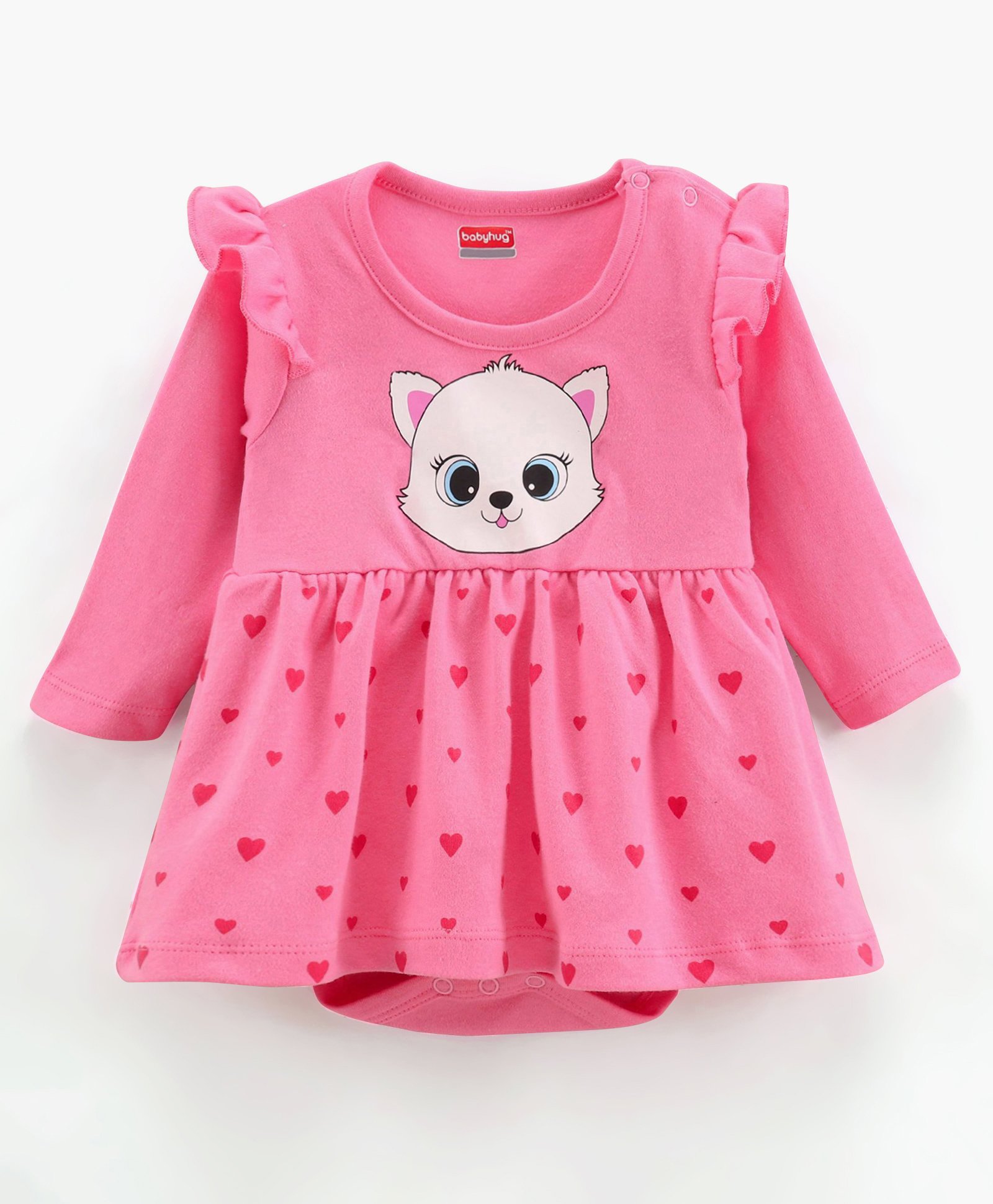 Babyhug Full Sleeves 100% Cotton Frock Style Onesie Heart Print - Pink-image-40