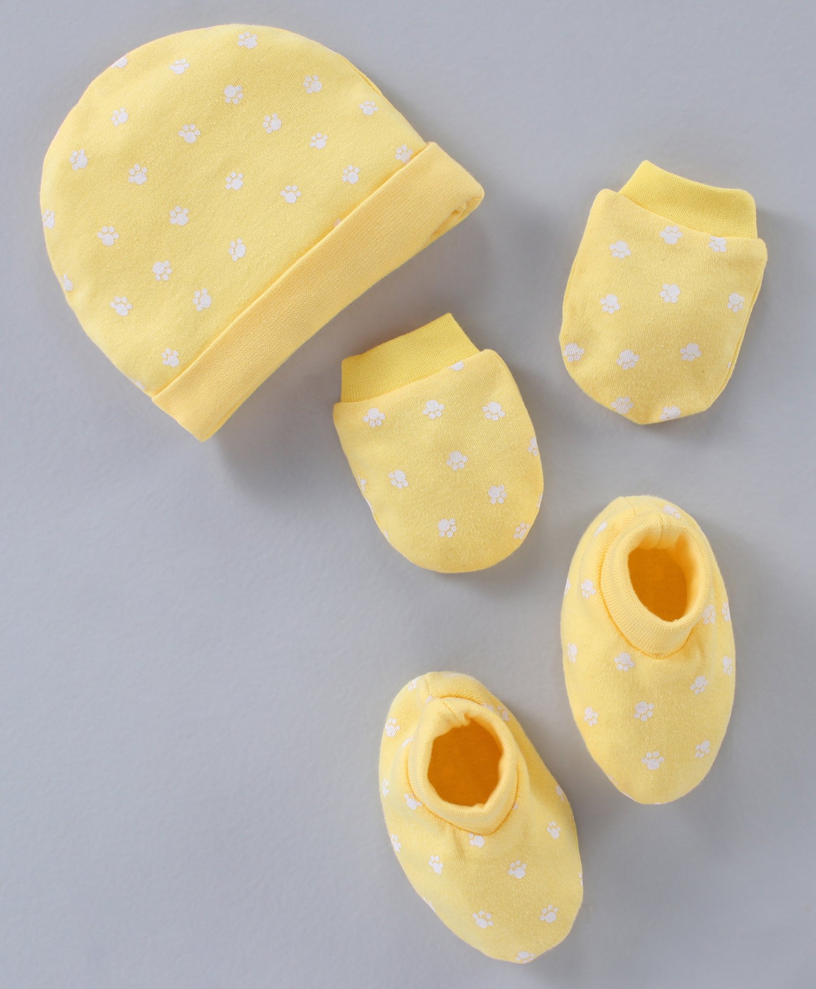 Babyhug 100% Cotton Cap Mittens & Booties Paw Print Yellow - Circumference 38 cm-image-30
