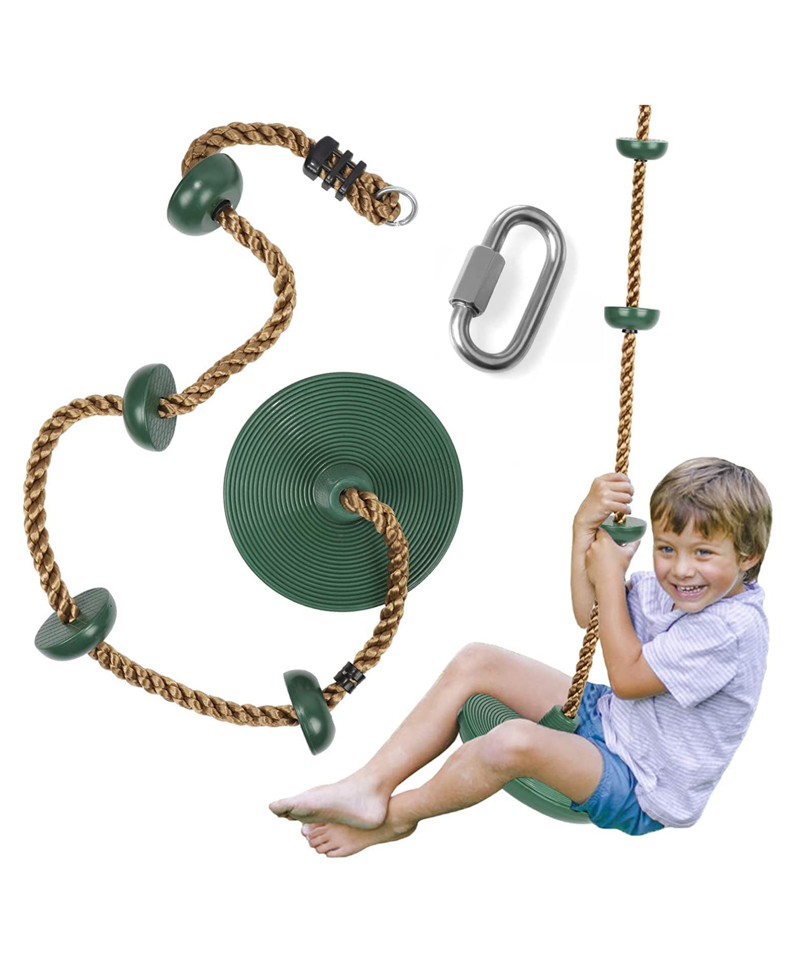 REZNOR Platforms Disc Tree Swing Seat And Climbing Knot Rope With Carabiner Hook - Green-picture-20