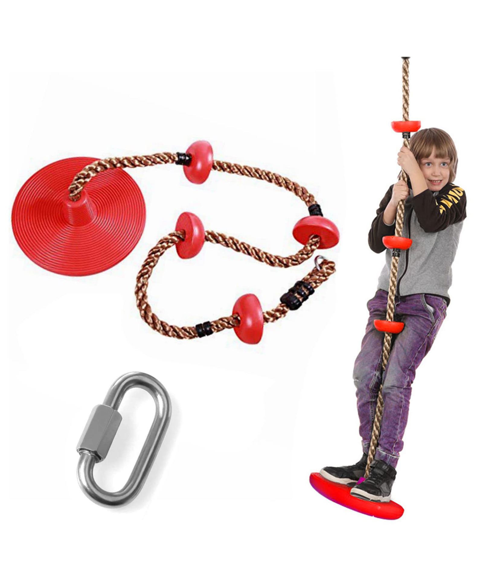 REZNOR Platforms Disc Tree Swing Seat and Climbing Knot Rope with Carabiner Hook - Red-picture-25