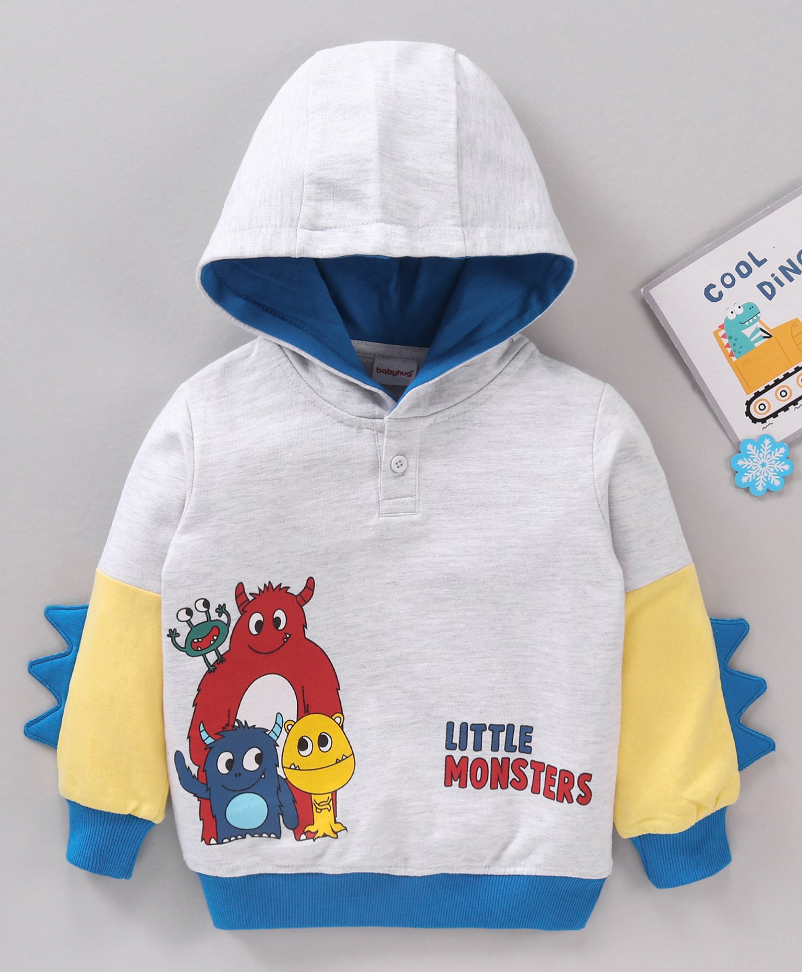 Babyhug Full Sleeves Hooded Sweatshirt with Little Monsters Print & 3D Applique - Grey-image-4