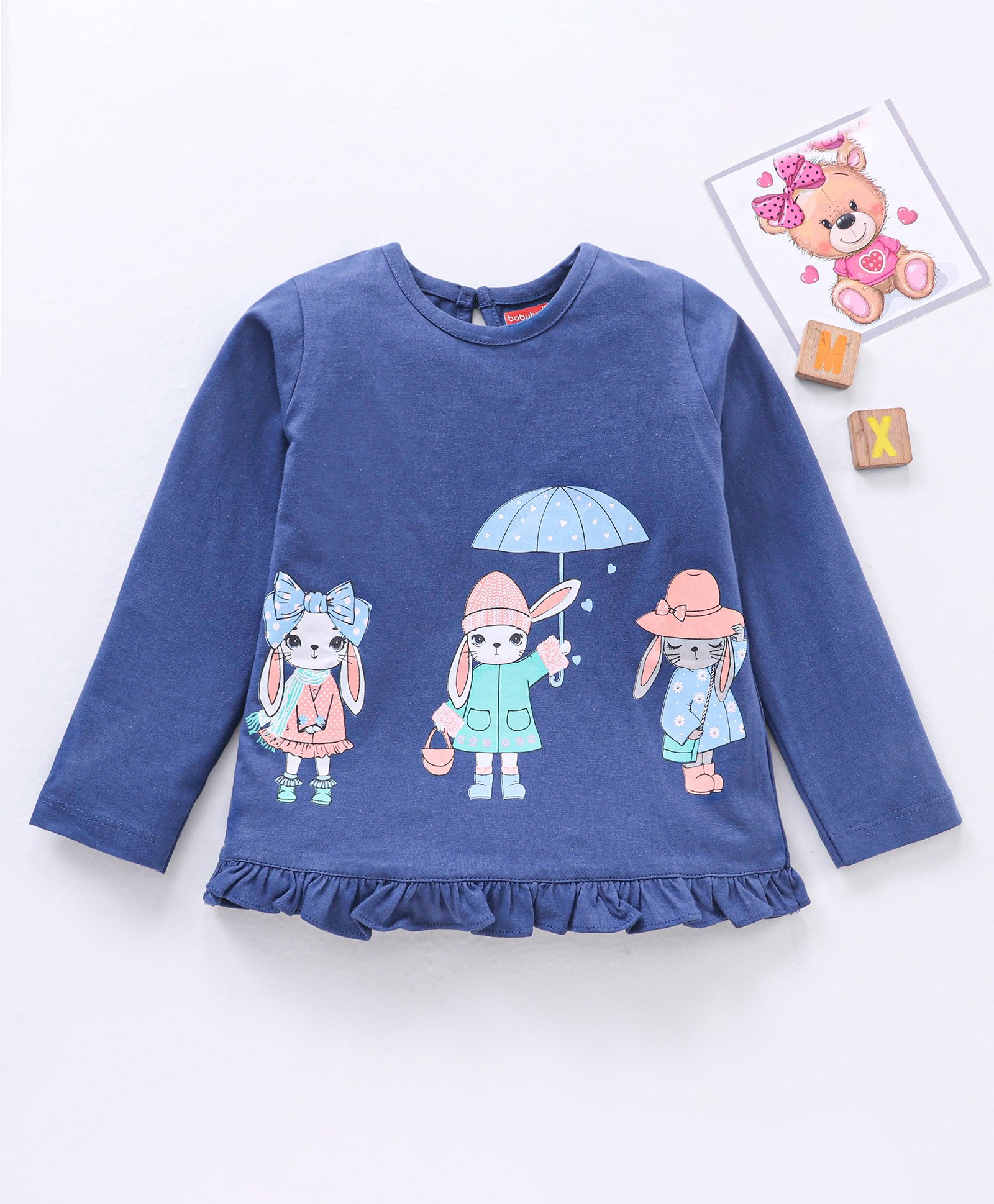 Babyhug Full Sleeves Kitty Print With Frill Detail Top - Blue-image-37