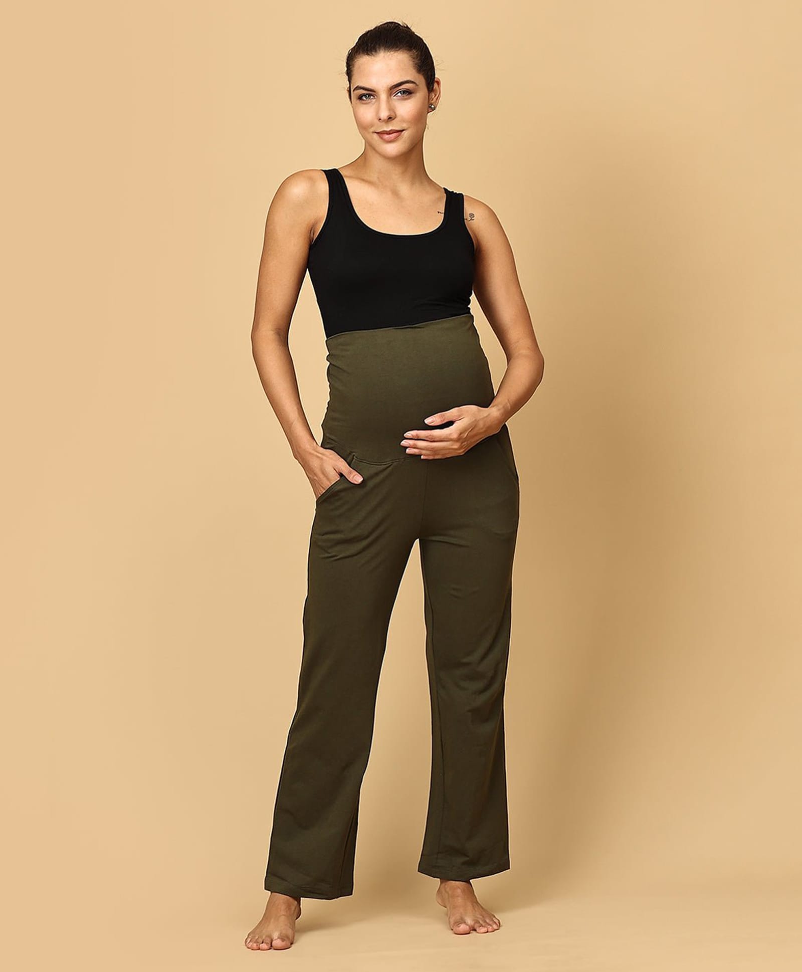 The Mom Store Comfy Belly Over Solid Maternity Track Pants - Olive Green-image-6