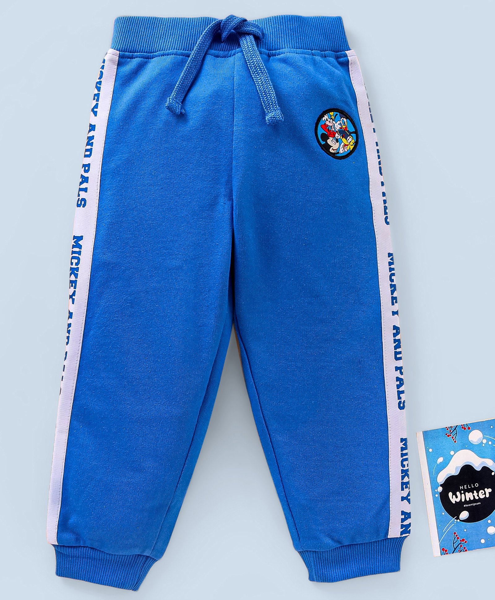 Babyhug Cotton Knit Full Length Lounge Pants Mickey Badge & Side Printed Tape - Blue-picture-24