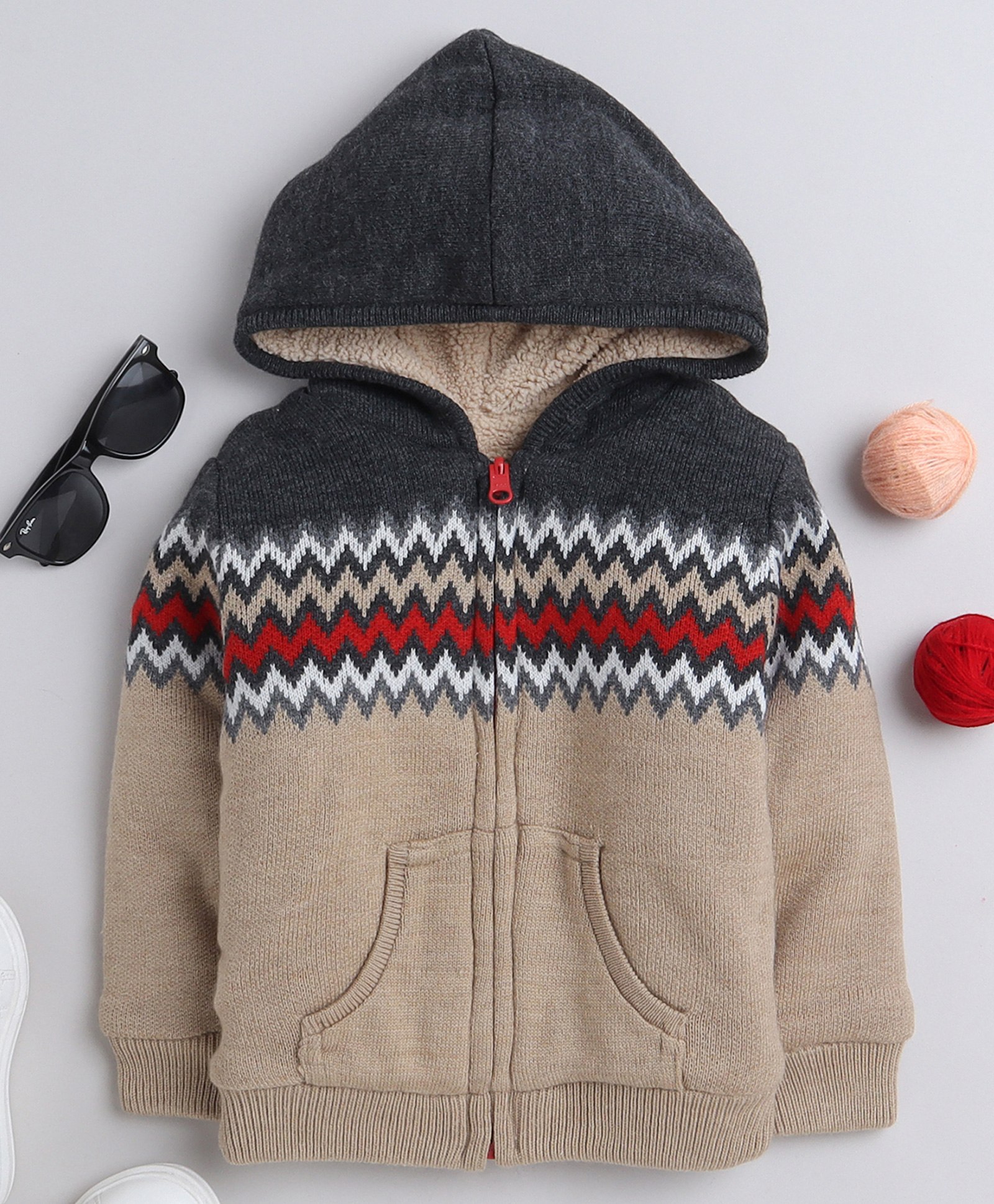 Yellow Apple Full Sleeves Hooded Sweaters Argyle Print - Grey-image-10