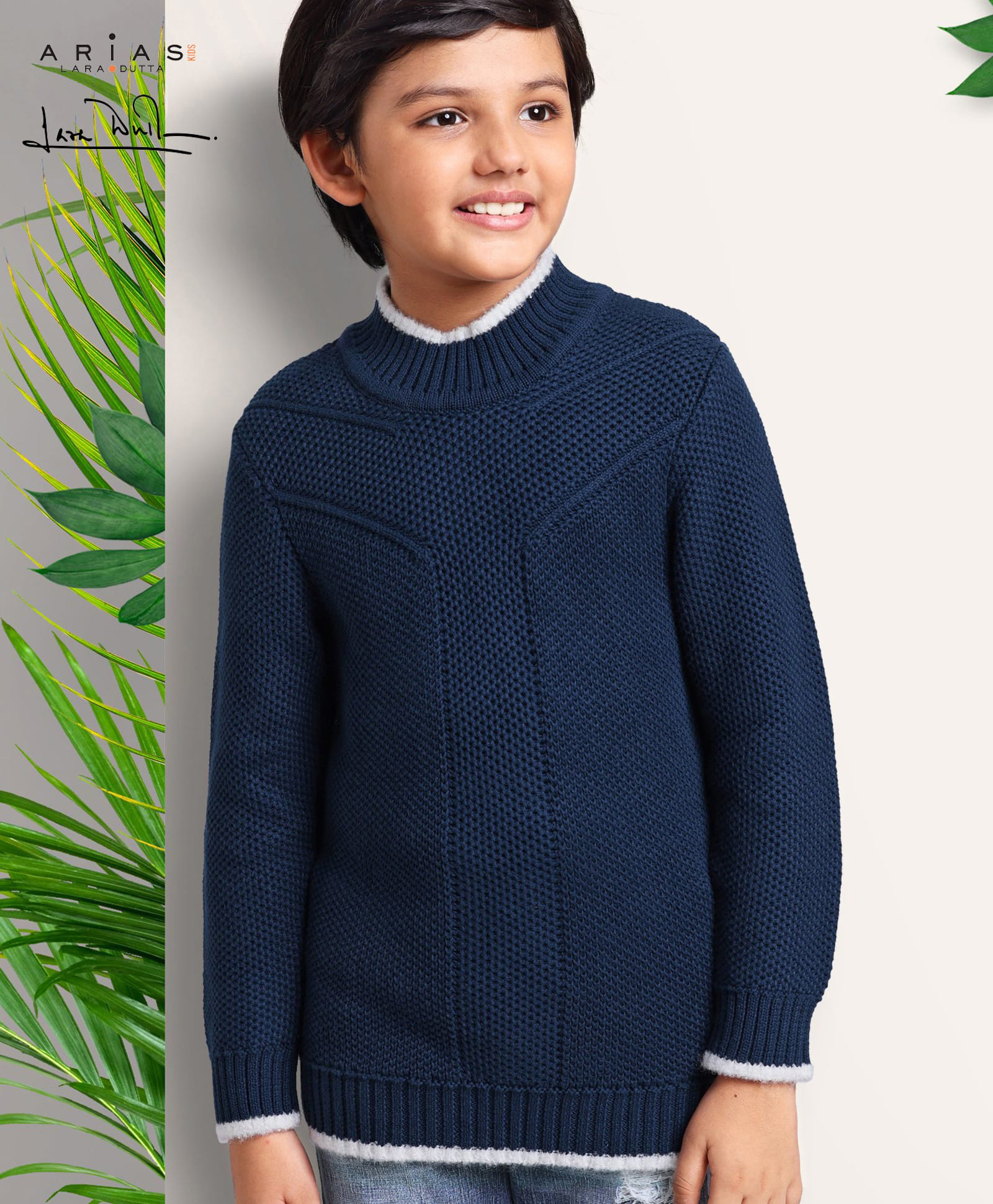 arias by lara dutta Arias Consciously Sourced Cotton Structured knit High neck Full Sleeve Pullover -Navy-picture-14