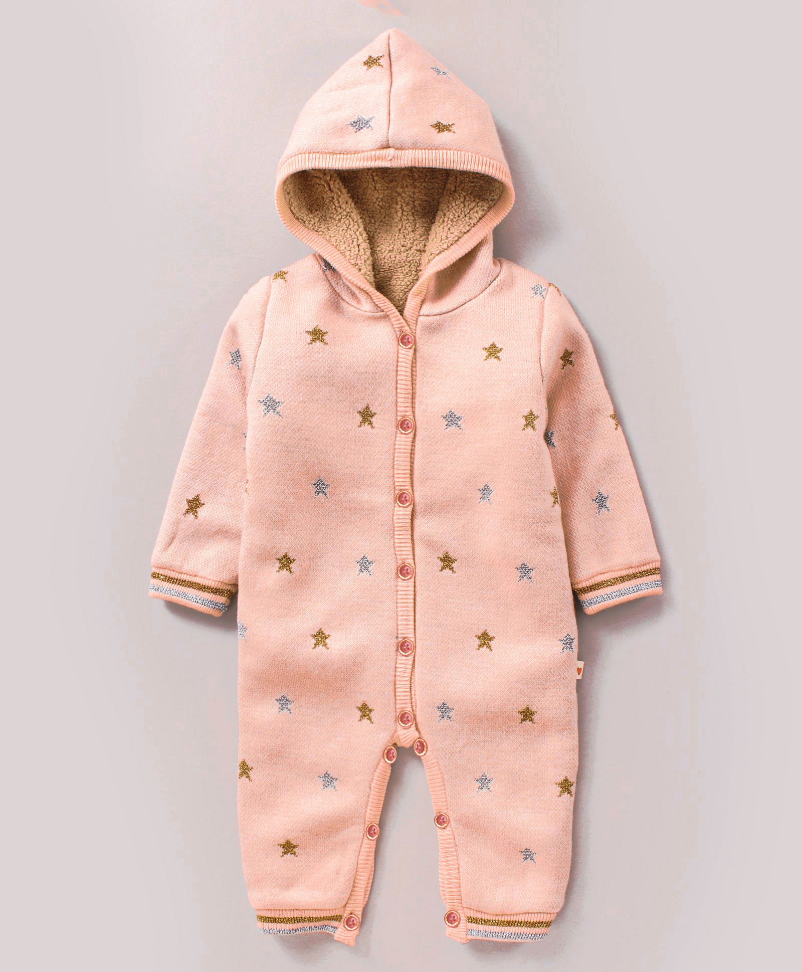 Yellow Apple Cotton Full Sleeves Hooded Winter Wear Romper Star Print - Peach-image-36