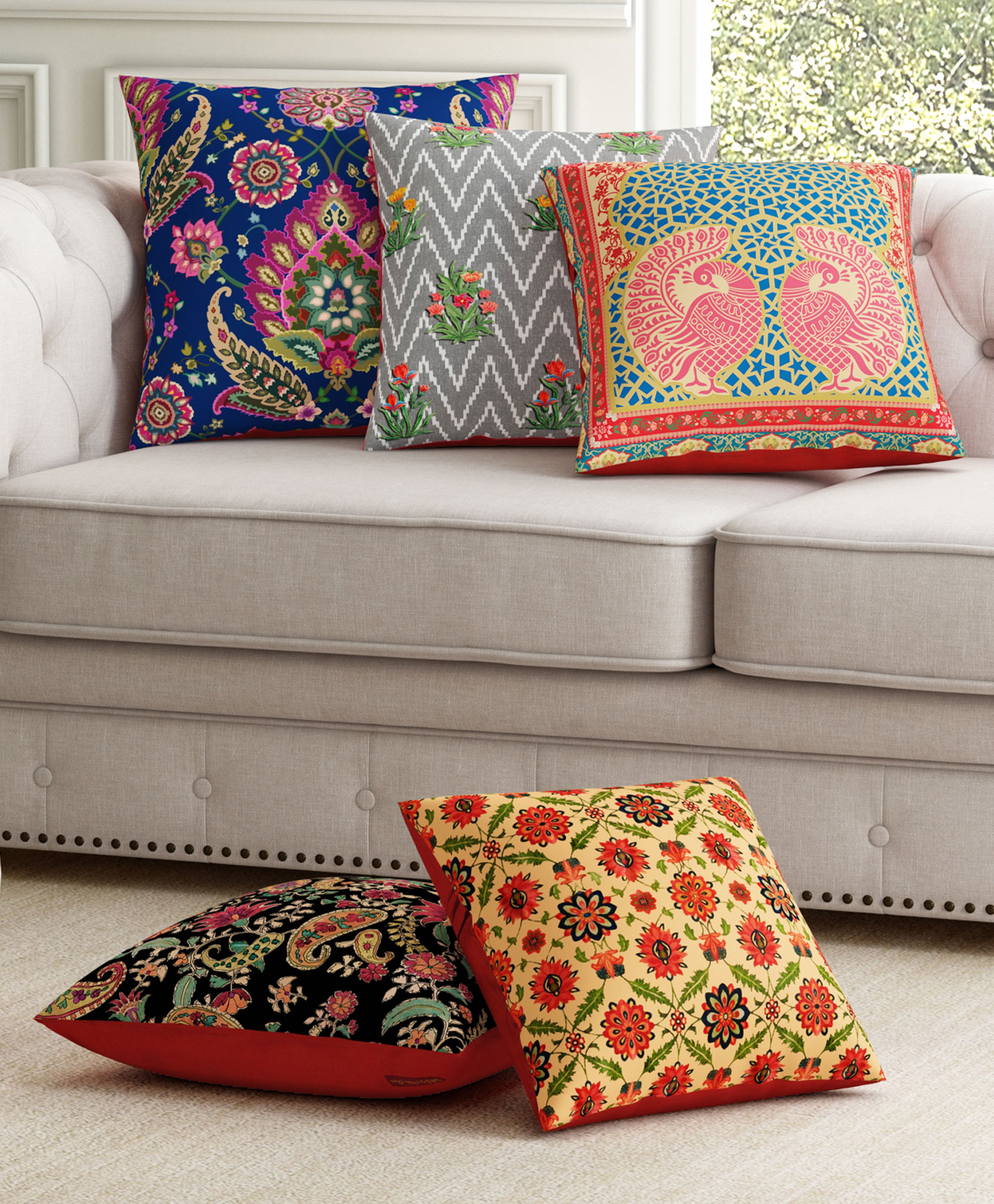 SEJ by Nisha Gupta Ethnic Motif Premium Cushion Covers Pack of 5- (Color May Vary)