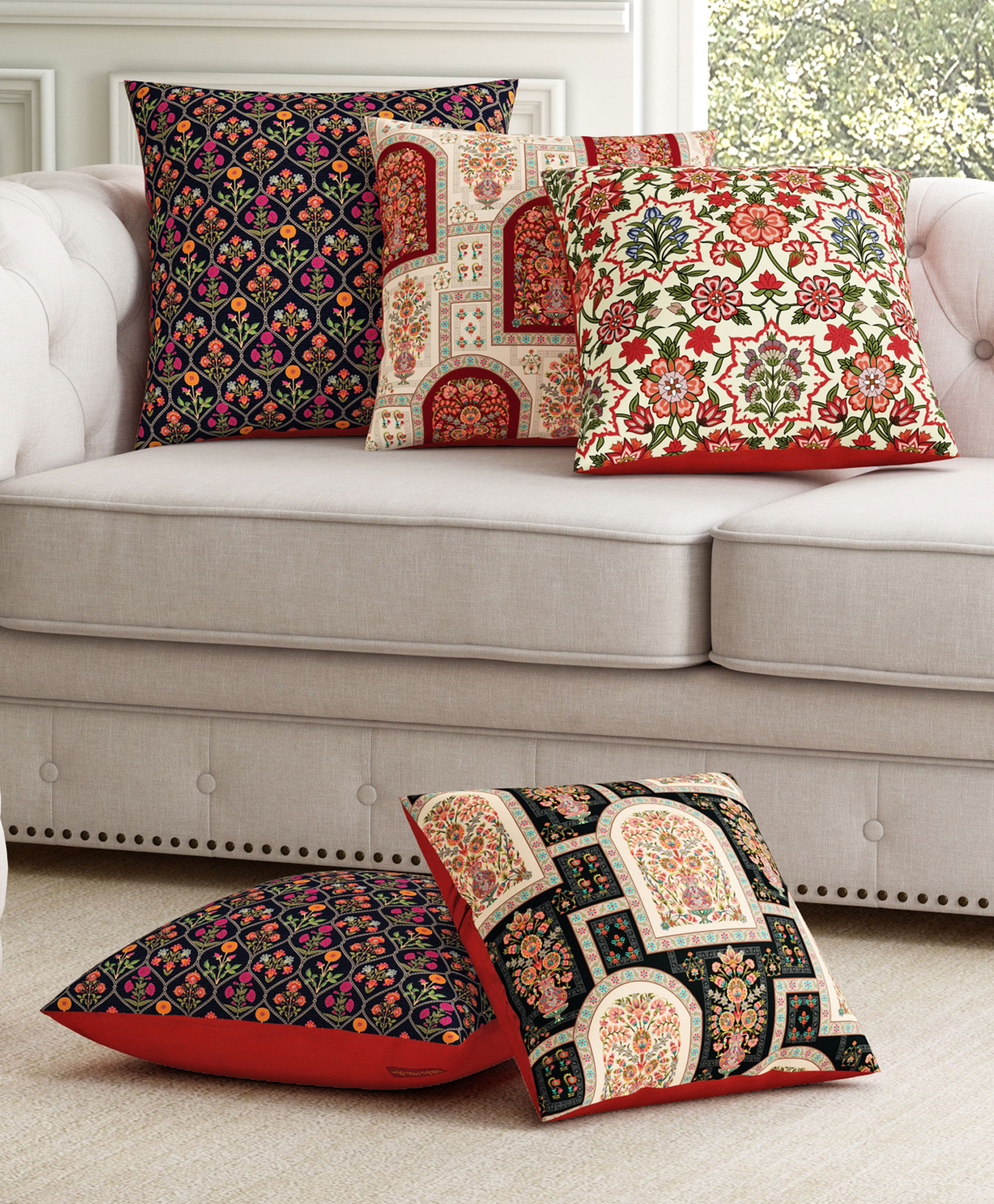 SEJ by Nisha Gupta Premium Cushion Covers Ethnic Motif Print Pack Of 5 (Color May Vary)-image-17