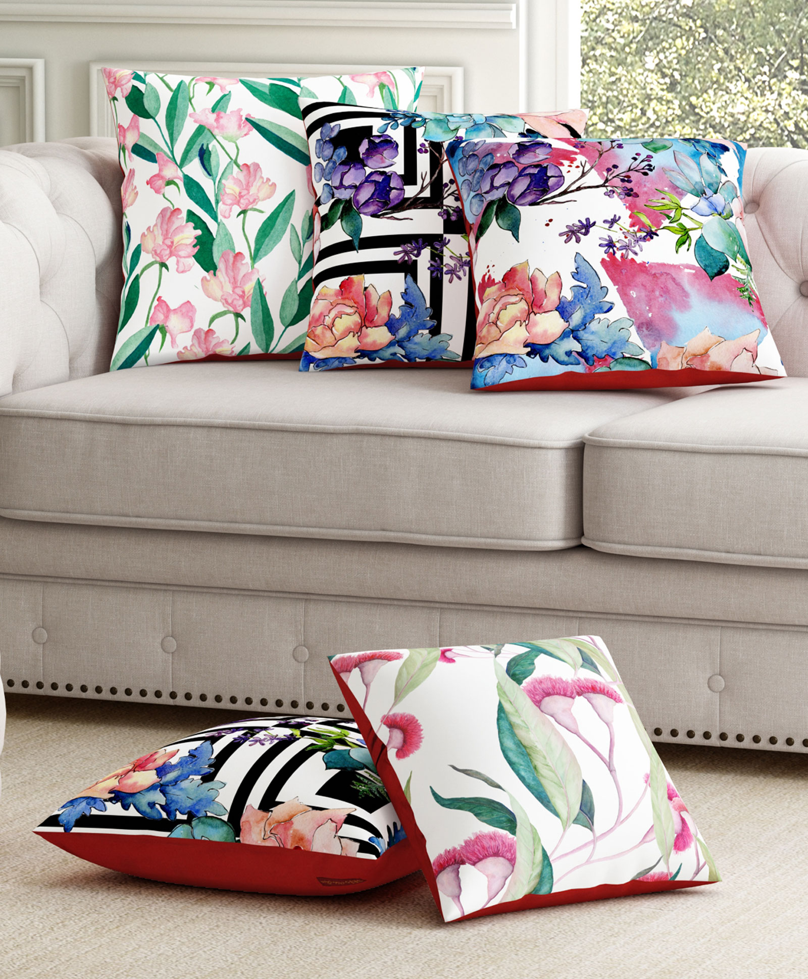 SEJ by Nisha Gupta Set of 5 Florals Premium Cushion Covers - Green-picture-24