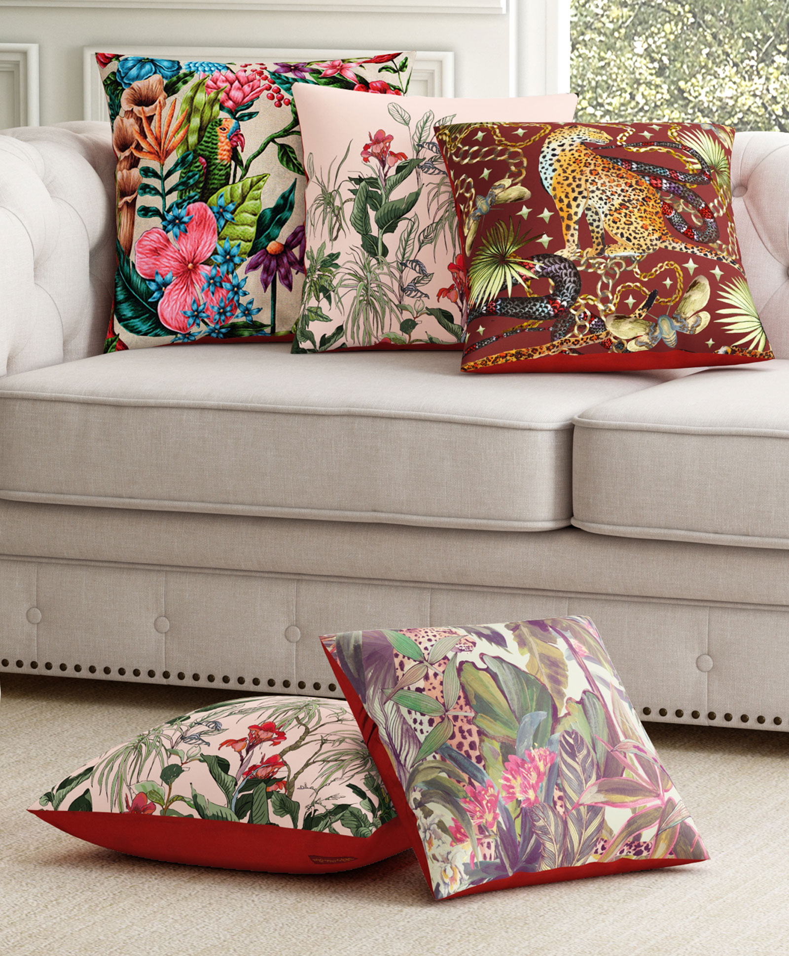 SEJ by Nisha Gupta Premium Cushion Covers Abstract Print Pack Of 5 - Pink-image-15