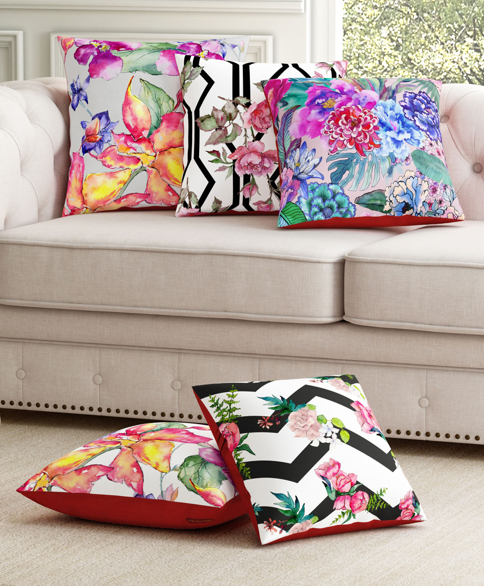 SEJ by Nisha Gupta Pack of 5 Florals Premium Cushion Covers - Black-image-16