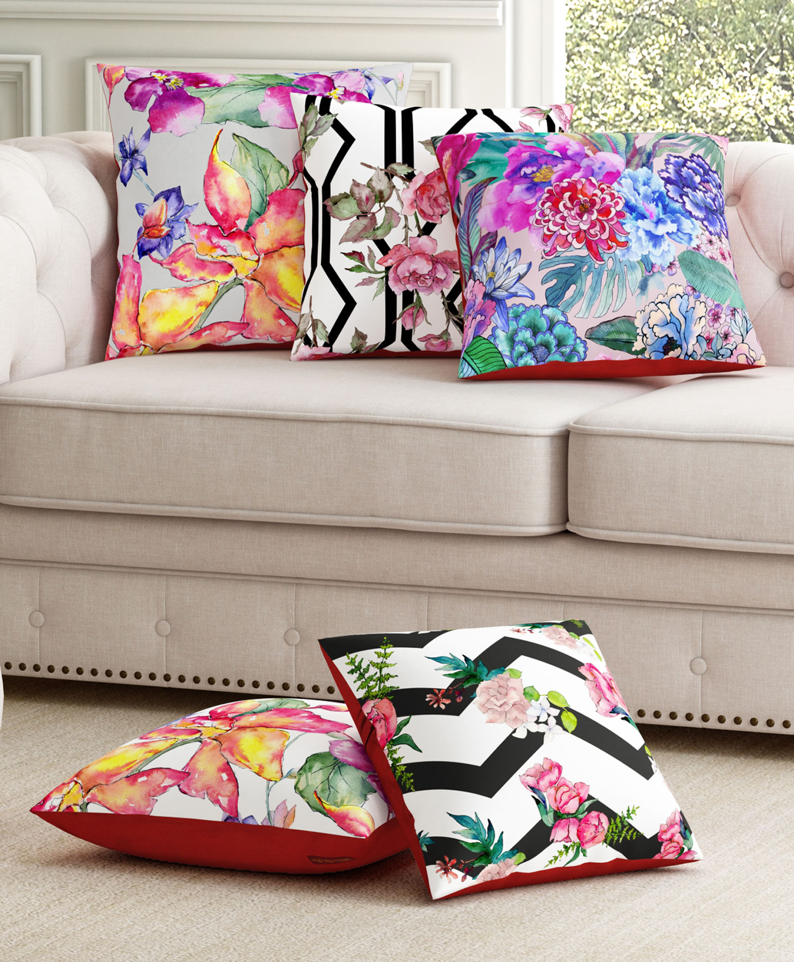 SEJ by Nisha Gupta Set of 5 Florals Premium Cushion Covers - Black-picture-27