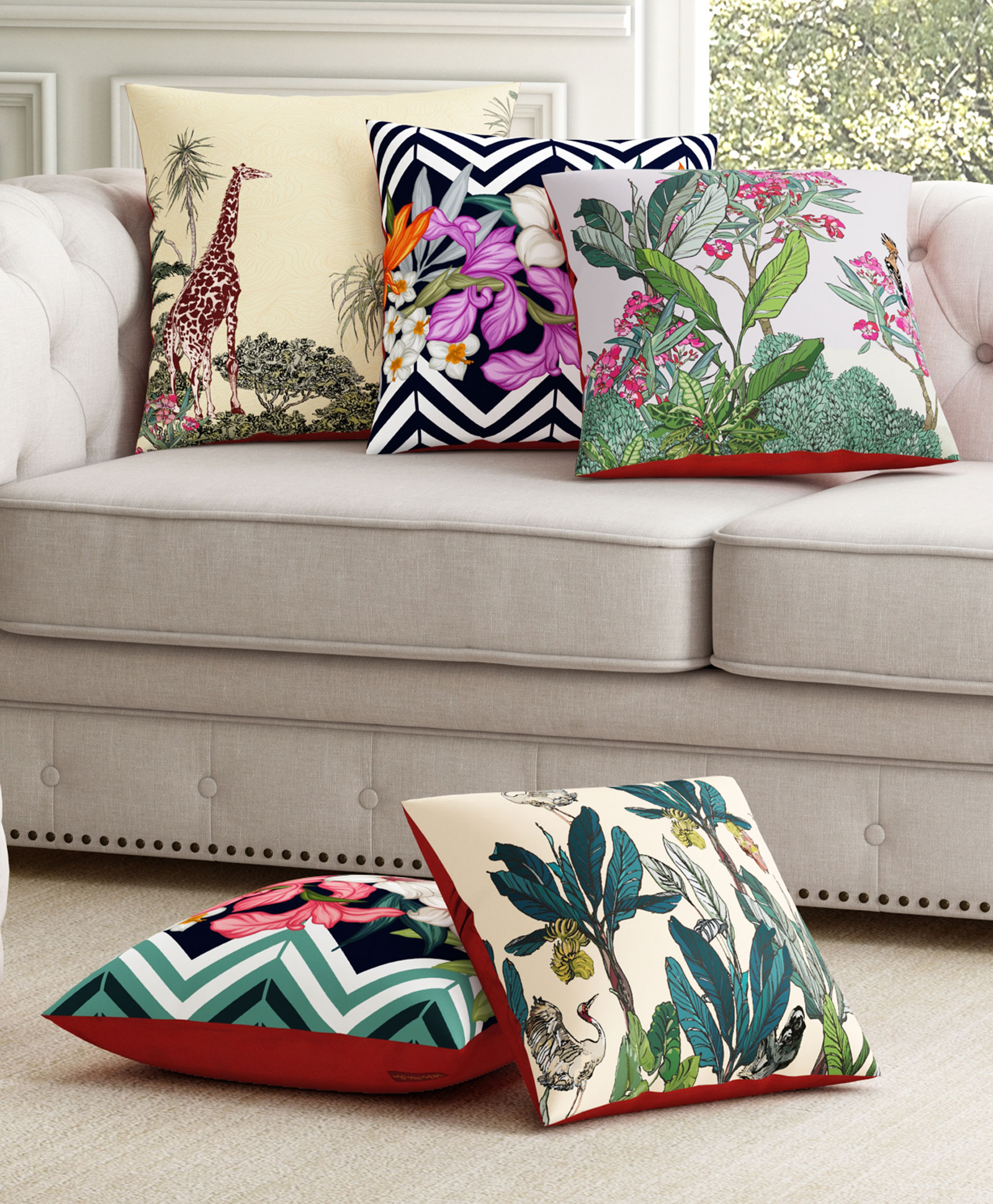 SEJ by Nisha Gupta Set of 5 Abstract Premium Cushion Covers - Pink-picture-12