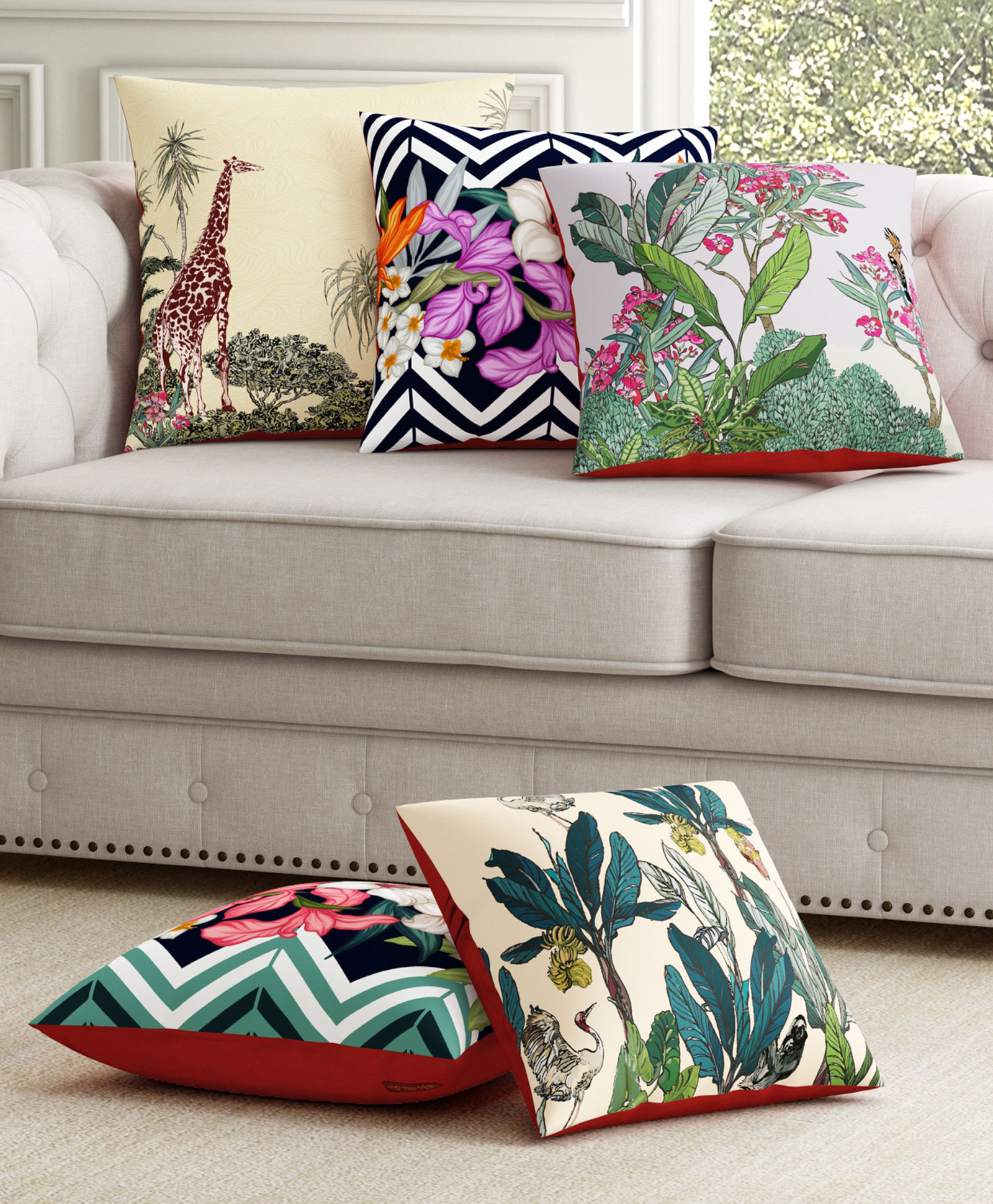SEJ by Nisha Gupta Set of 5 Abstract Premium Cushion Covers - Pink-picture-23