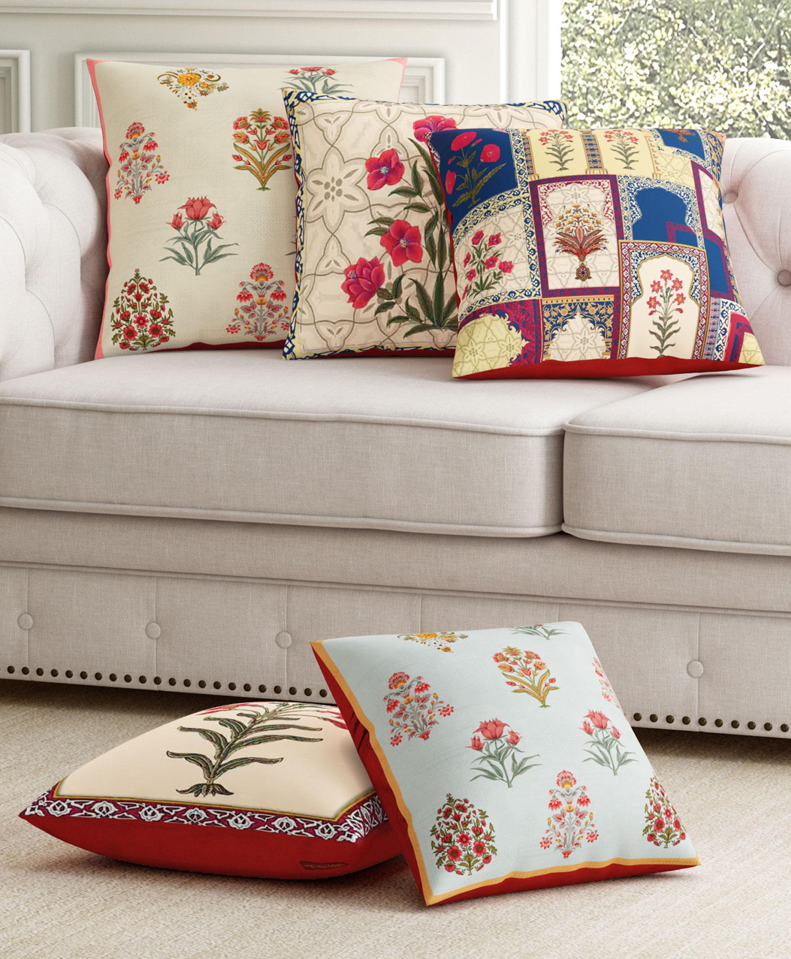 SEJ by Nisha Gupta Set of 5 Ethnic Motif Premium Cushion Covers - Blue-picture-18